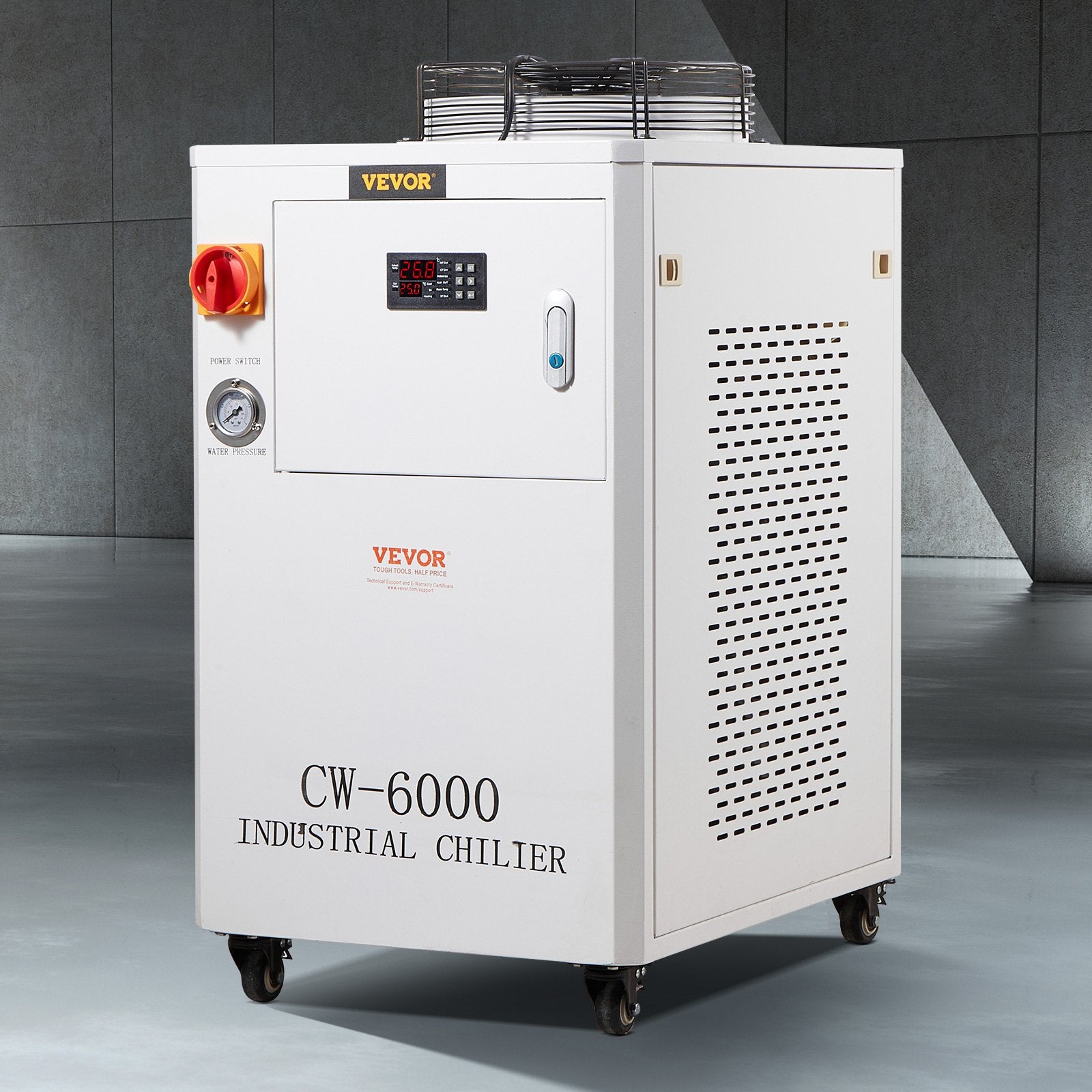 Industrial Water Chiller, CW6000, 1500W Industrial Water Cooler Cooling System with Compressor 15L Water Tank Capacity 65 L/min Max Flow Rate, for CO2 Laser Engraving Machine Cooling Machine