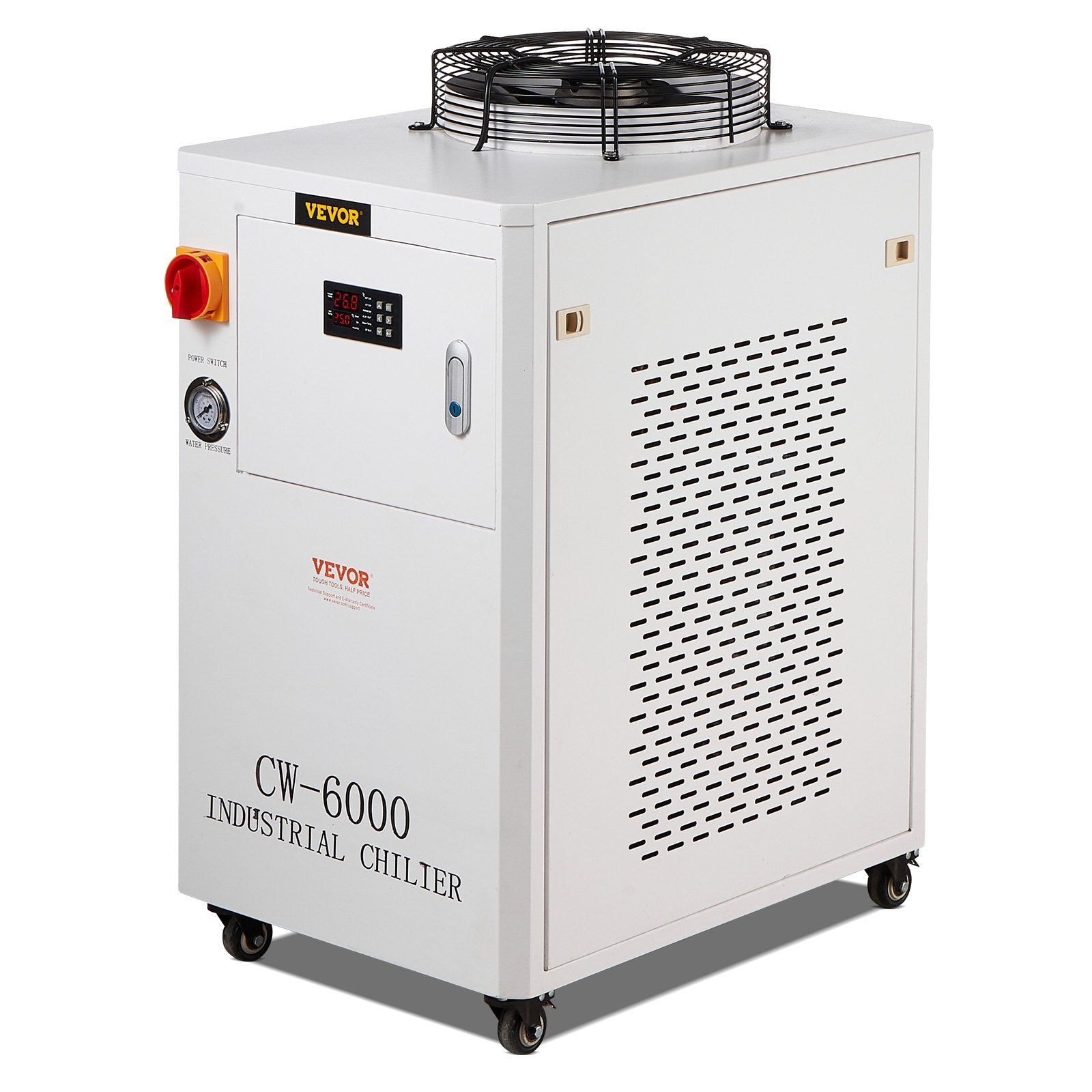 Industrial Water Chiller, CW6000, 1500W Industrial Water Cooler Cooling System with Compressor 15L Water Tank Capacity 65 L/min Max Flow Rate, for CO2 Laser Engraving Machine Cooling Machine