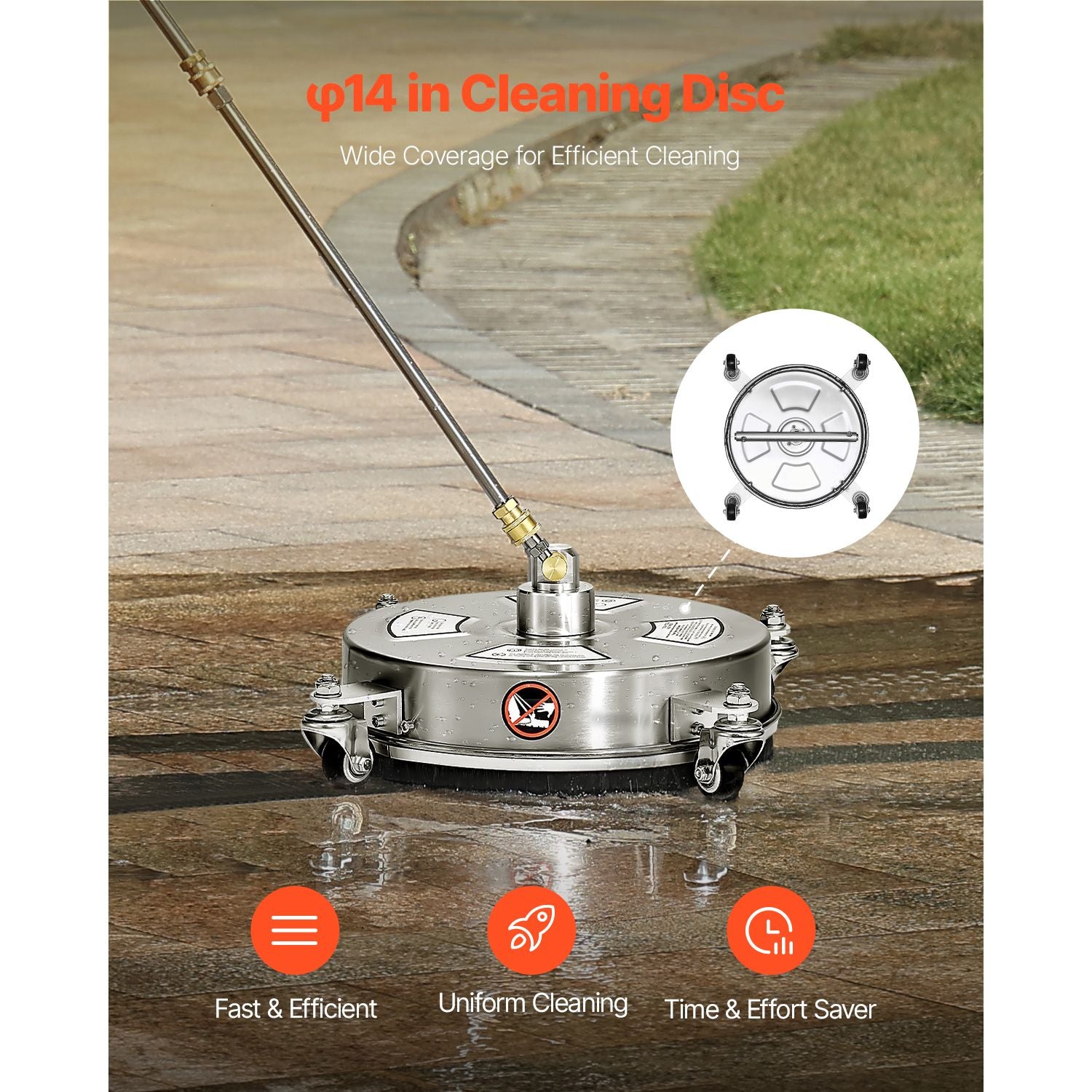 14" Pressure Washer Surface Cleaner, Stainless Steel, 4000 PSI, 4 Wheels, 1/4"