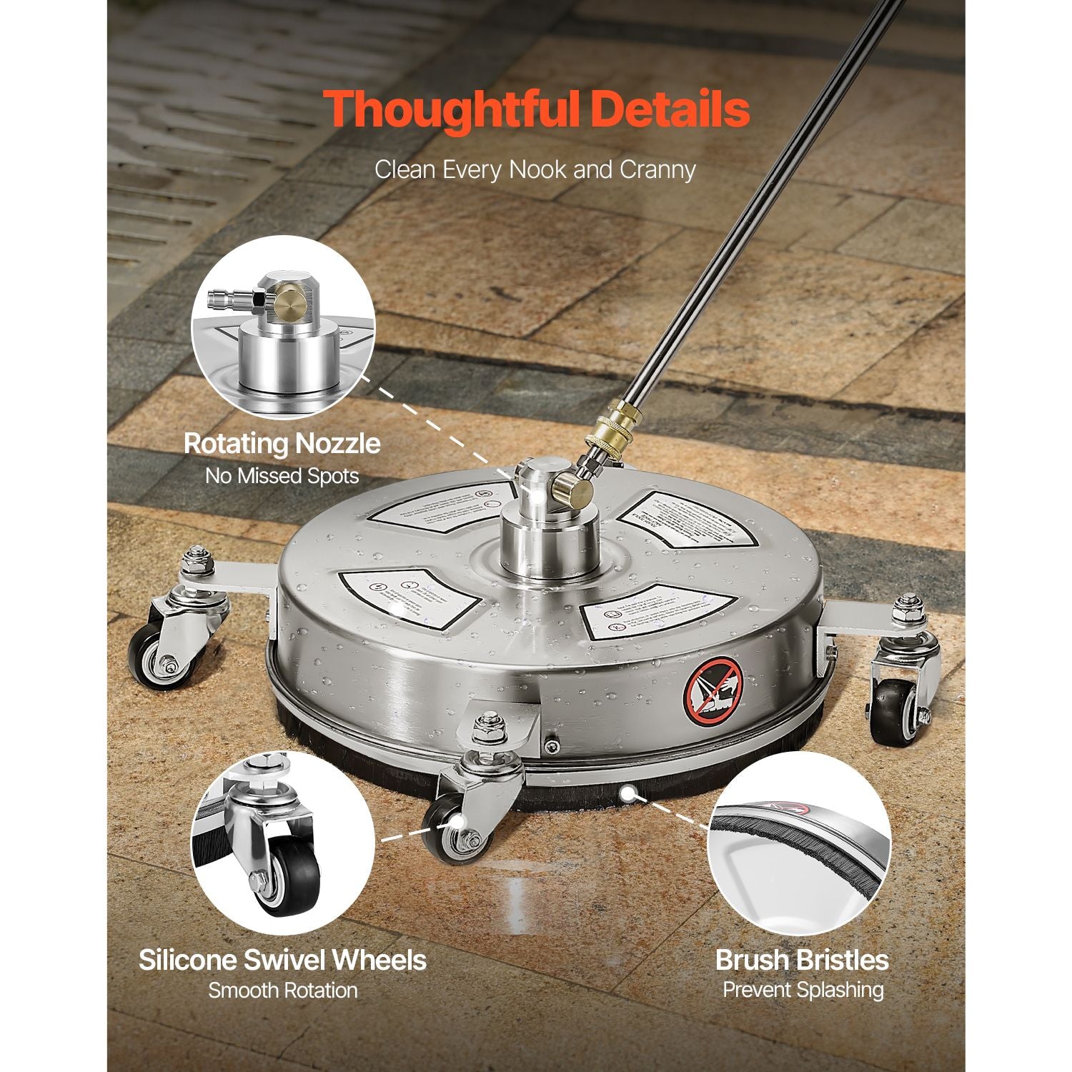 14" Pressure Washer Surface Cleaner, Stainless Steel, 4000 PSI, 4 Wheels, 1/4"