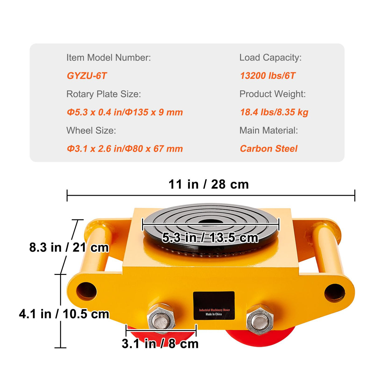 Machinery Skate Dolly Machinery Mover 13200lbs/6T Carbon Steel 4 PU Wheels