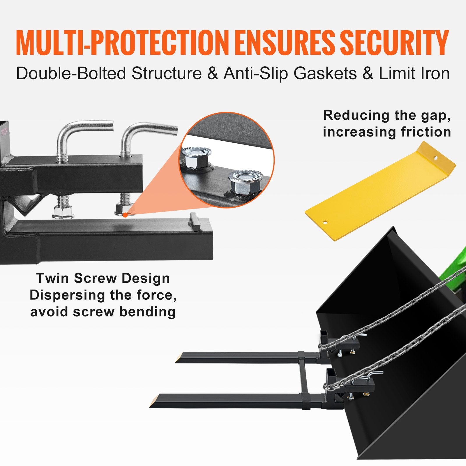 Pallet Forks, 907 kg Clamp on Pallet Forks, 1490 mm Total Length Heavy Duty Pallet Forks with Adjustable Stabilizer bar, Tractor Bucket Forks for Tractor Attachments, Skid Steer, Loader Bucket