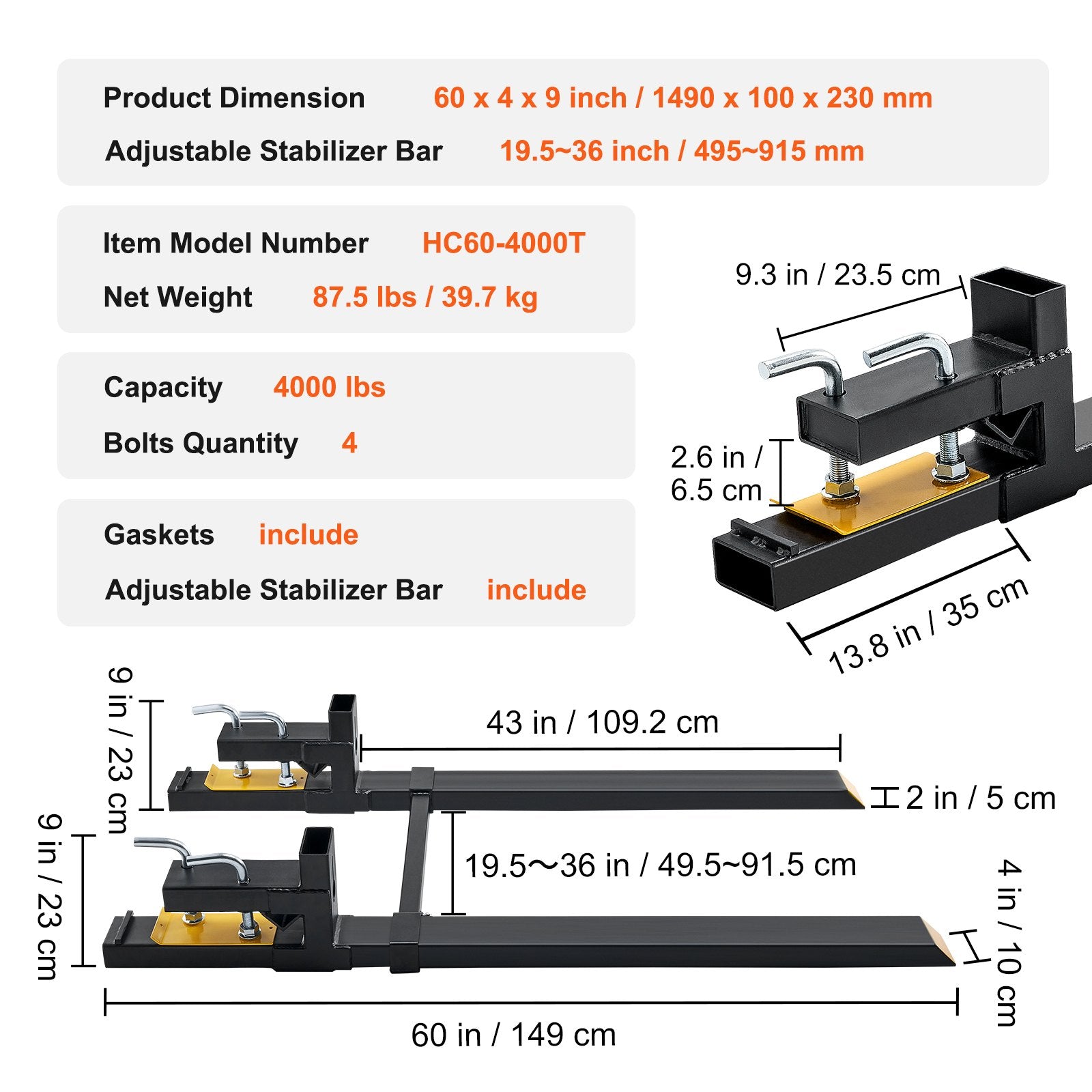 Pallet Forks, 907 kg Clamp on Pallet Forks, 1490 mm Total Length Heavy Duty Pallet Forks with Adjustable Stabilizer bar, Tractor Bucket Forks for Tractor Attachments, Skid Steer, Loader Bucket