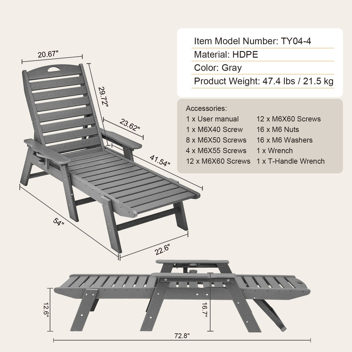 Outdoor Chaise Lounge Chair Grey 6-Position Reclining Patio Bench Seat