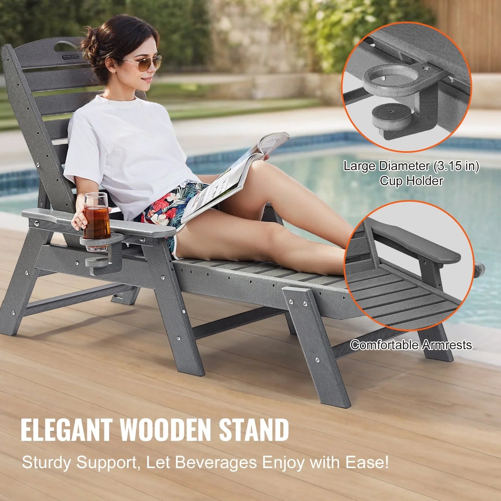 Outdoor Chaise Lounge Chair 6 Positions Reclining Patio Bench Lounger Gray
