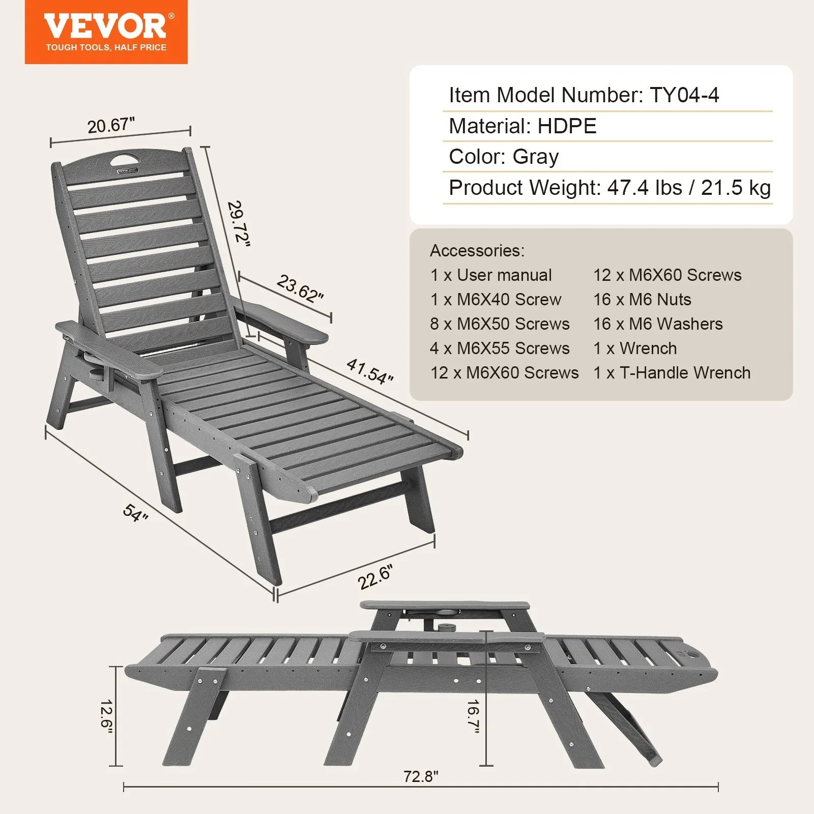 Outdoor Chaise Lounge Chair 6 Positions Reclining Patio Bench Lounger Gray