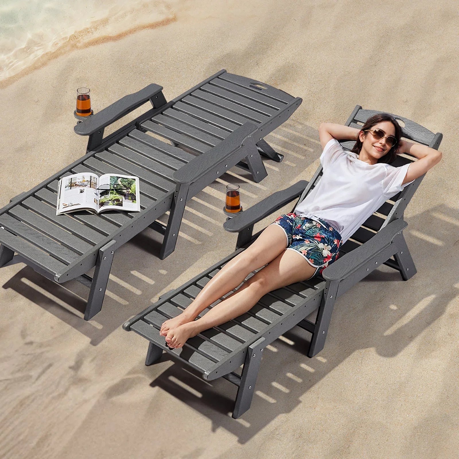 Outdoor Chaise Lounge Chair 6 Positions Reclining Patio Bench Lounger Gray