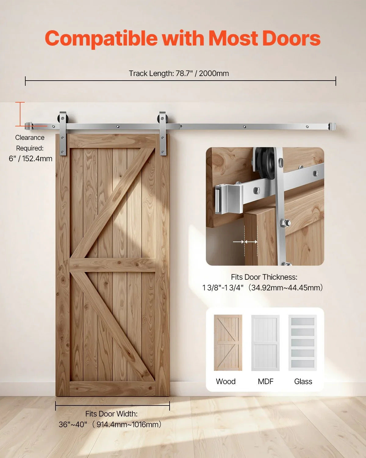 2000 mm Sliding Barn Door Hardware Kit for Single Sliding Barn Door Silver