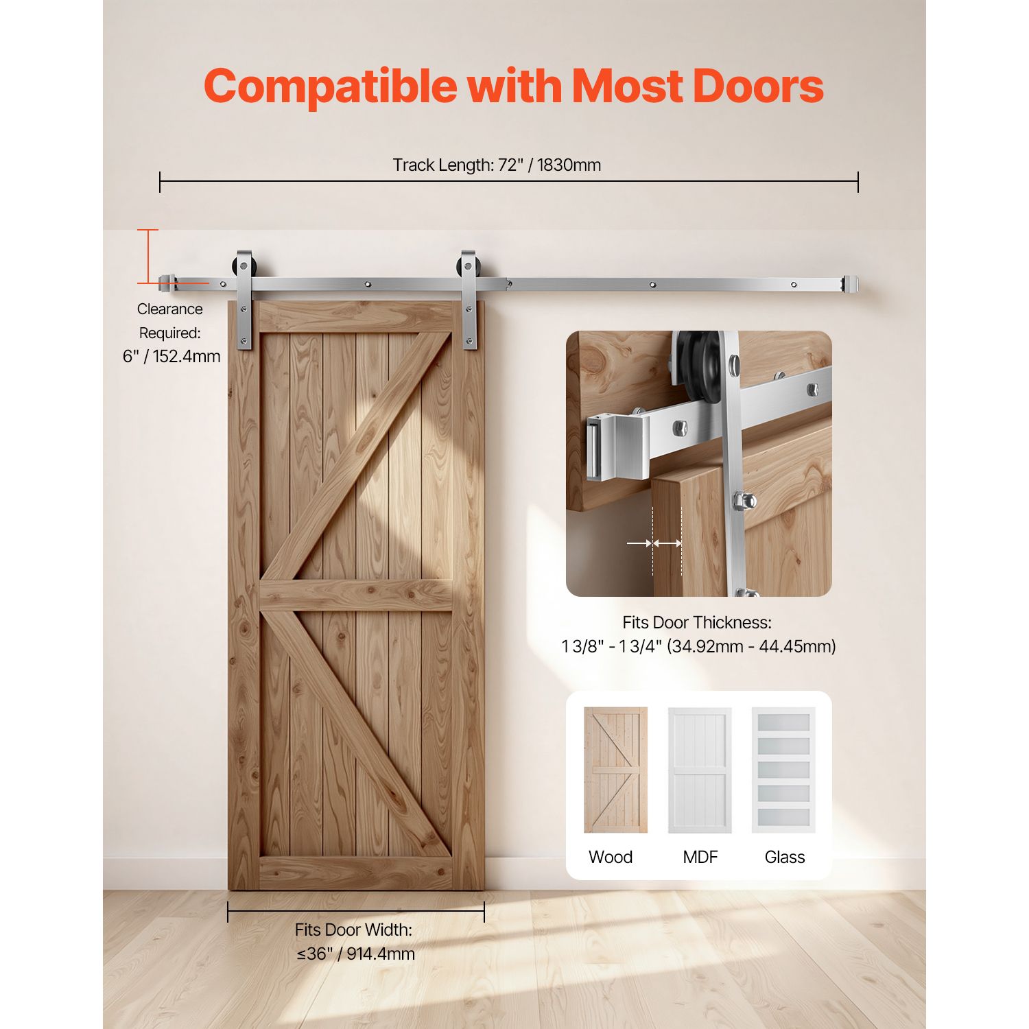 6FT Sliding Barn Door Hardware Kit, 330 LBS Weight Capacity, Compatible with 36 Inches Max Width & 1-3/8 to 1-3/4 Inches Thickness Single Sliding Barn Door, Durable Track & J-shape Roller Silver