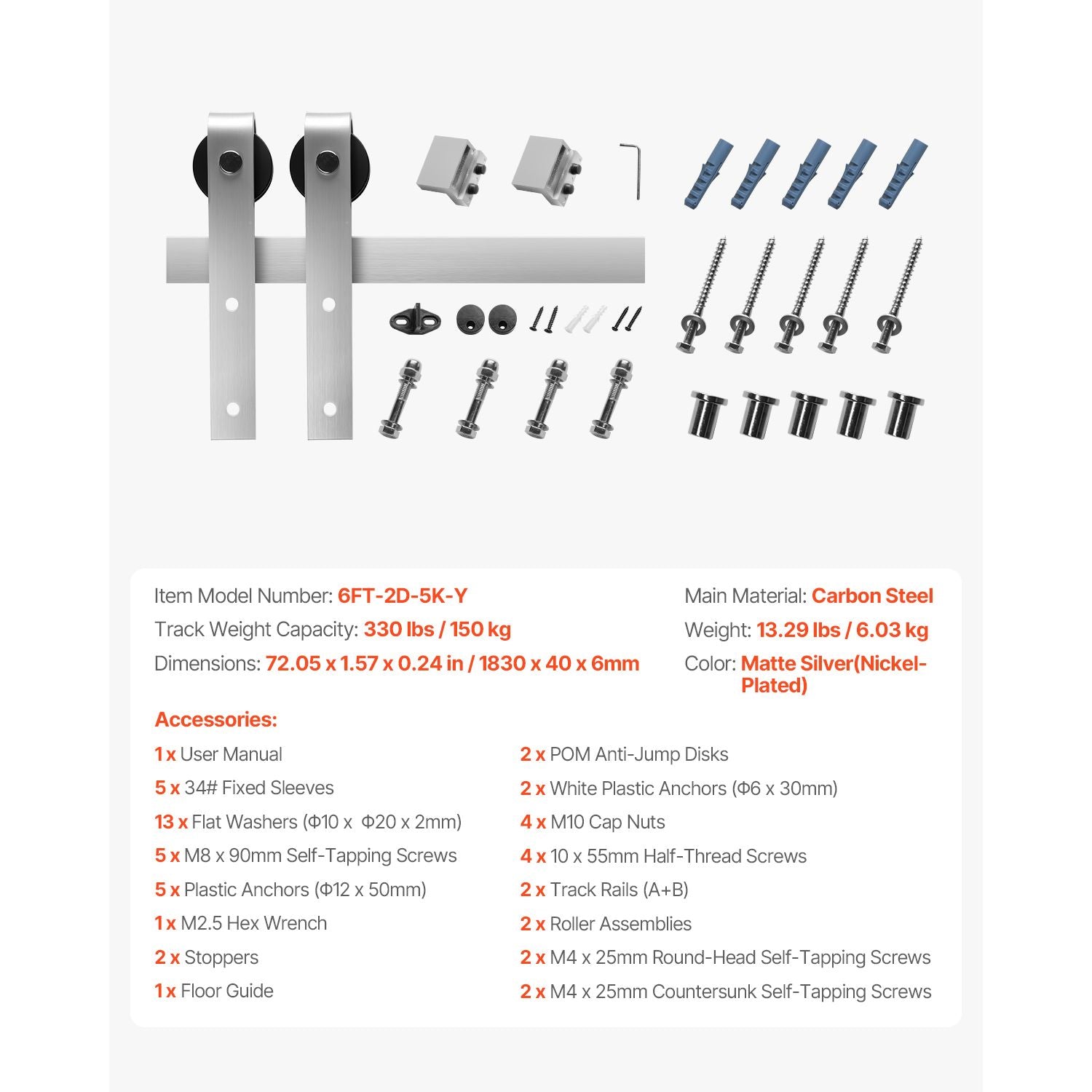 6FT Sliding Barn Door Hardware Kit, 330 LBS Weight Capacity, Compatible with 36 Inches Max Width & 1-3/8 to 1-3/4 Inches Thickness Single Sliding Barn Door, Durable Track & J-shape Roller Silver