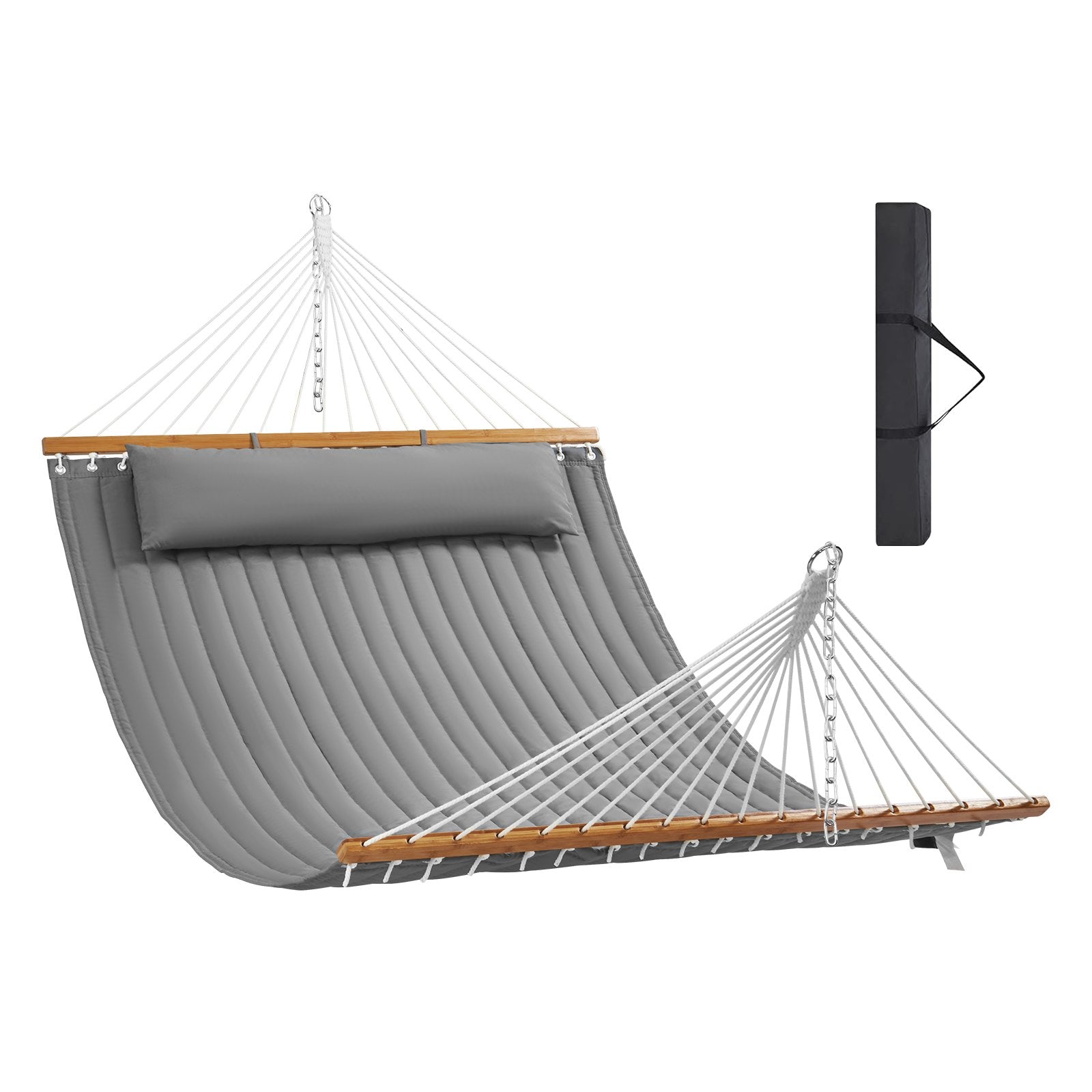 Double Quilted Fabric Hammock, 12 FT Double Hammock with Hardwood Spreader Bars, 2 Person Quilted Hammock with Detachable Pillow and Chains for Camping Outdoor Patio Yard Beach, 480 lbs Capacity