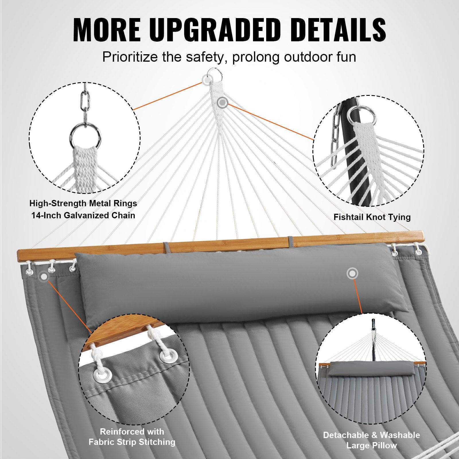 Double Quilted Fabric Hammock, 12 FT Double Hammock with Hardwood Spreader Bars, 2 Person Quilted Hammock with Detachable Pillow and Chains for Camping Outdoor Patio Yard Beach, 480 lbs Capacity