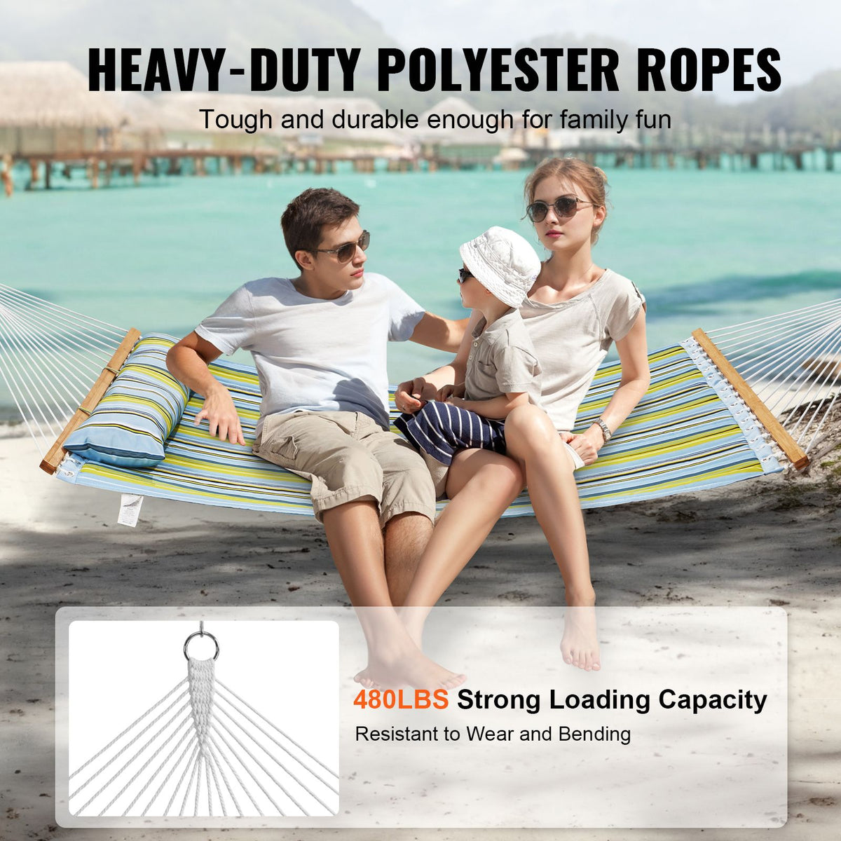 12FT Double Quilted Hammock 480lb Capacity with Hardwood Spreader Bars