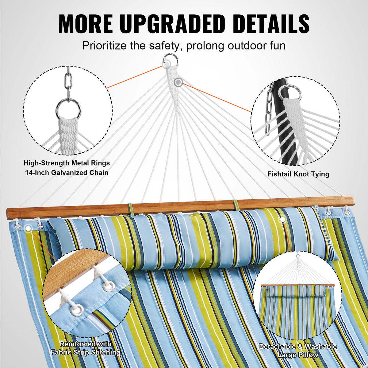 12FT Double Quilted Hammock 480lb Capacity with Hardwood Spreader Bars
