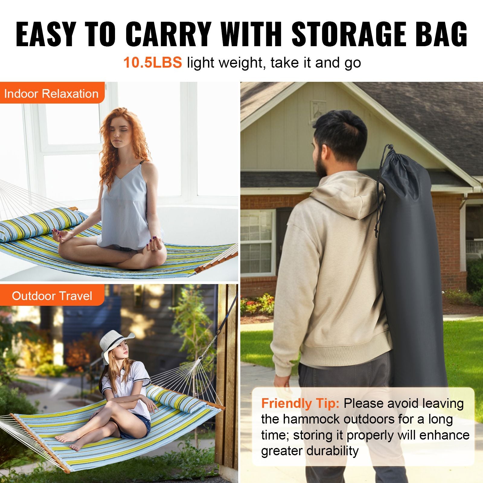 12FT Double Quilted Hammock 480lb Capacity with Hardwood Spreader Bars