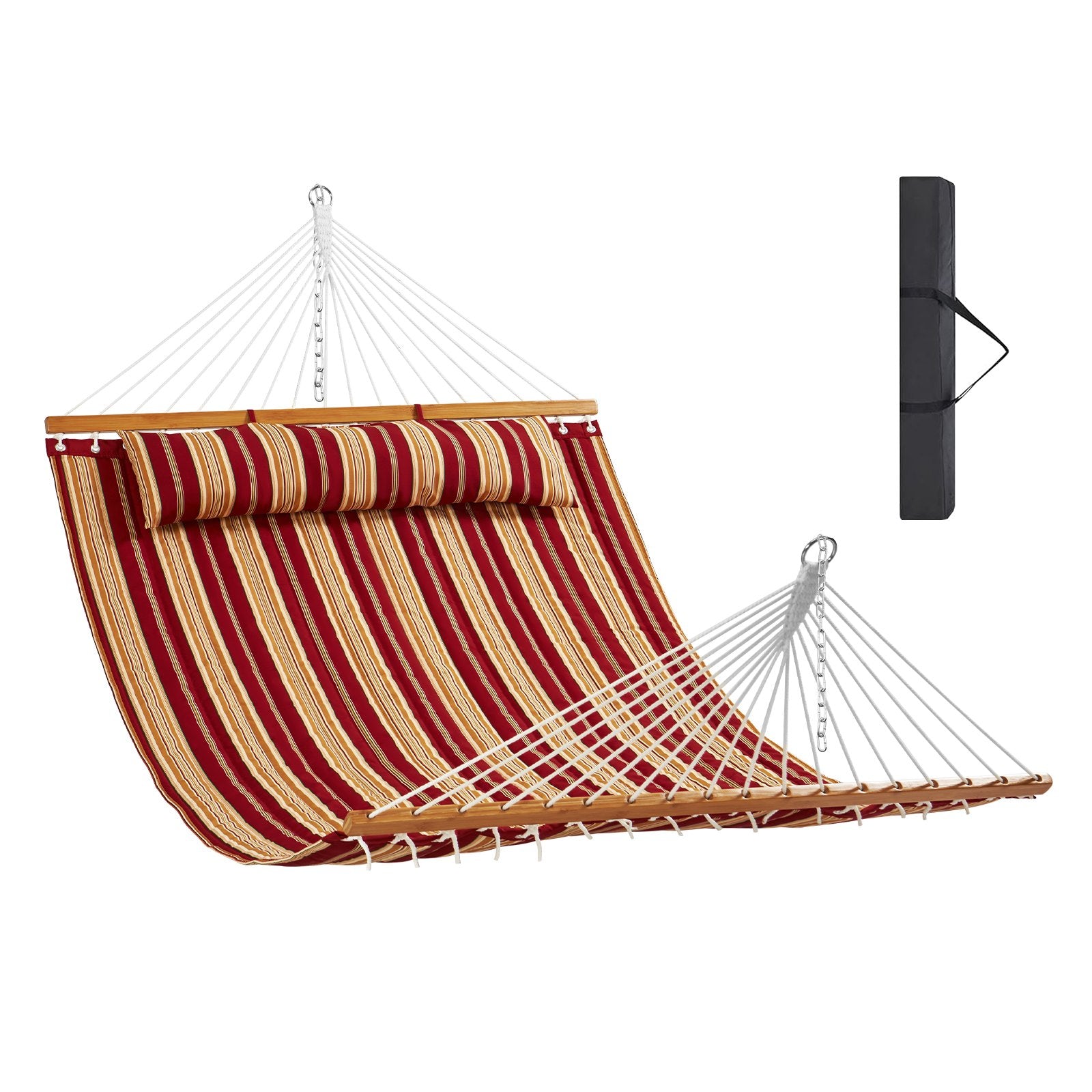 Double Quilted Fabric Hammock, 12 FT Double Hammock with Hardwood Spreader Bars, 2 Person Quilted Hammock with Detachable Pillow and Chains for Camping Outdoor Patio Yard Beach, 480 lbs Capacity