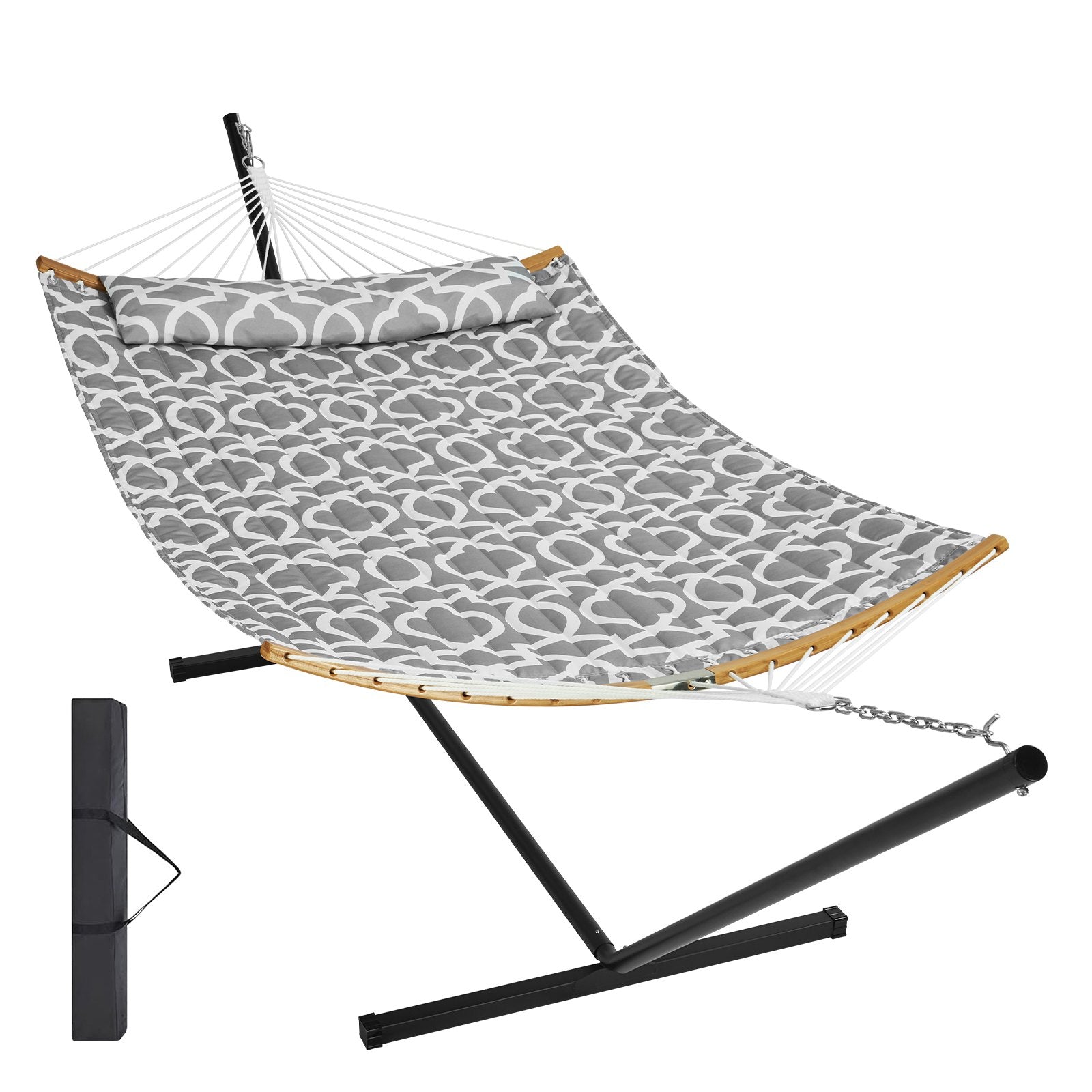 Two Person Hammock with Stand Included, Double Hammock with Curved Spreader Bar and Detachable Pillow and Portable Carrying Bag, Perfect for Outdoor Freestanding Hammock, 480lb Capacity