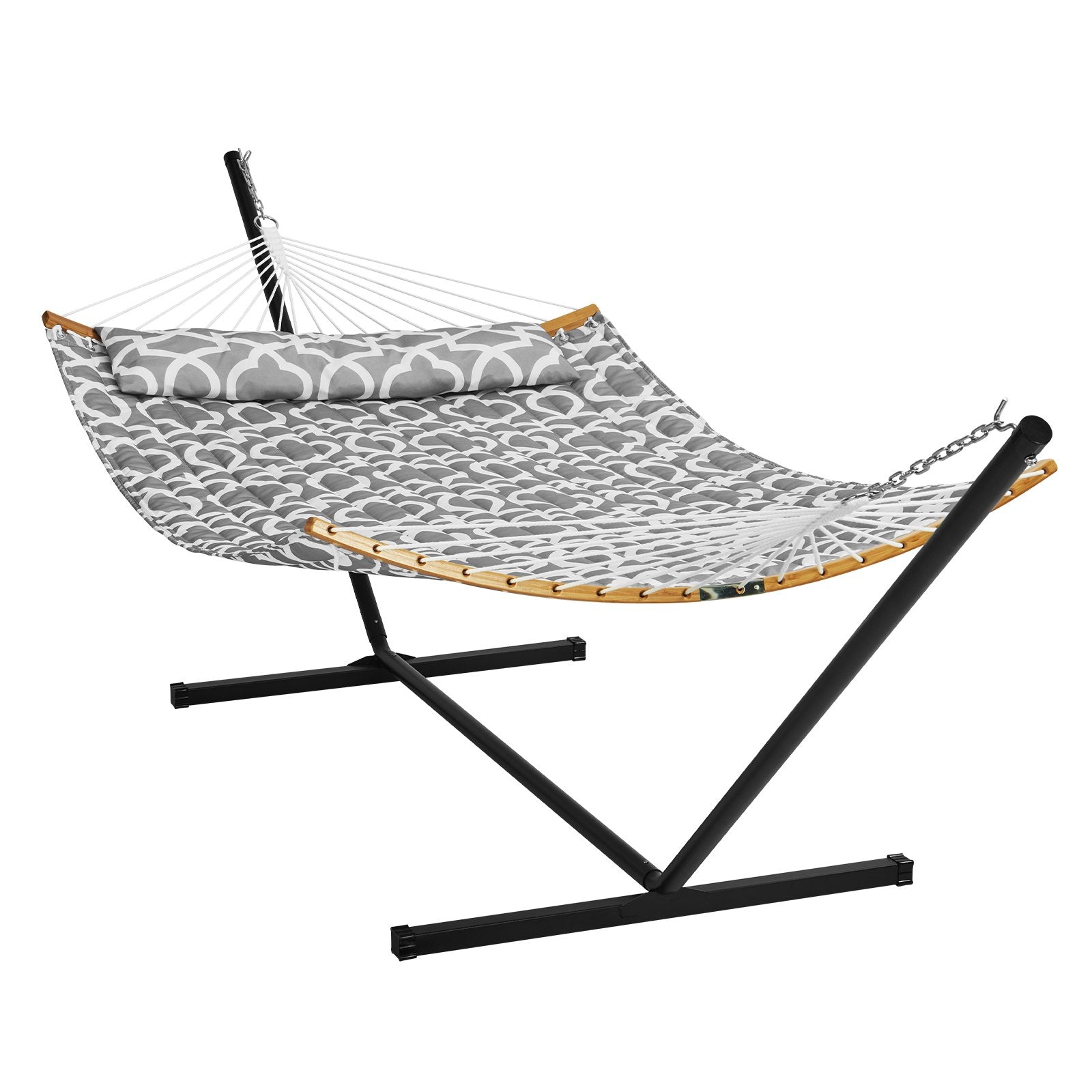 Two Person Hammock with Stand Included, Double Hammock with Curved Spreader Bar and Detachable Pillow and Portable Carrying Bag, Perfect for Outdoor Freestanding Hammock, 480lb Capacity