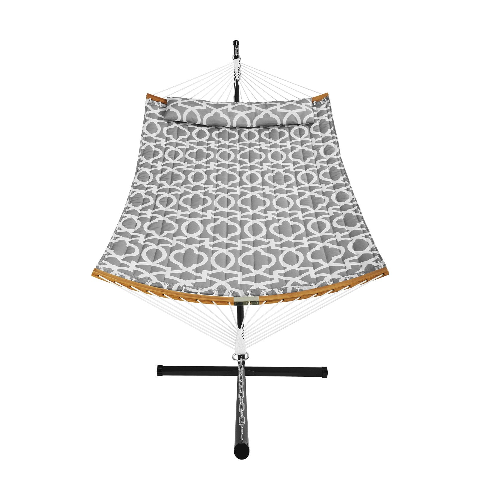 Two Person Hammock with Stand Included, Double Hammock with Curved Spreader Bar and Detachable Pillow and Portable Carrying Bag, Perfect for Outdoor Freestanding Hammock, 480lb Capacity