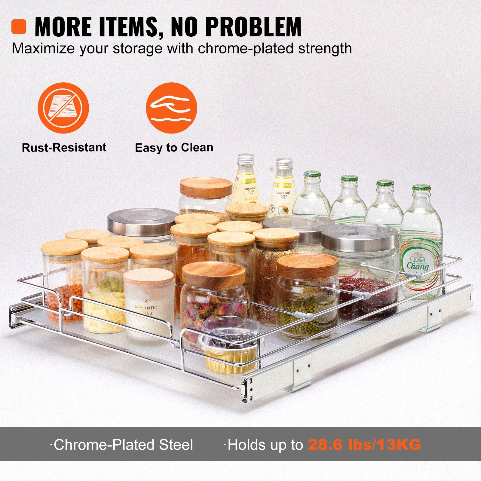 34x53 cm Pull Out Cabinet Organizer, Heavy Duty Slide Out Pantry Shelves, Chrome-Plated Steel Roll Out Drawers, Sliding Drawer Storage for Home, Inside Kitchen Cabinet, Bathroom, Under Sink