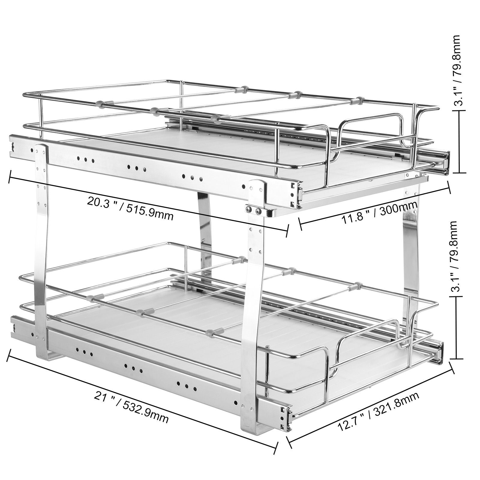 2-Tier Wire Pull Out Cabinet Under Sink Organizer 14x21 Inch Drawer Basket