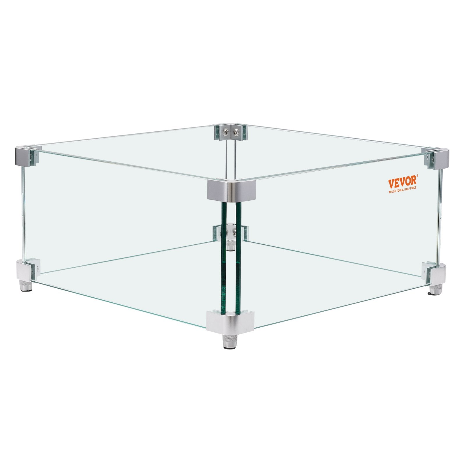 VEVOR Gas Fire Pit Wind Guard for Square Fire Table, 380 x 380 x 180 mm Clear Tempered Wind Guard for Firepits, 8mm Thick Square Glass Shield, Glass Panel with Hard Corner Bracket & Feet