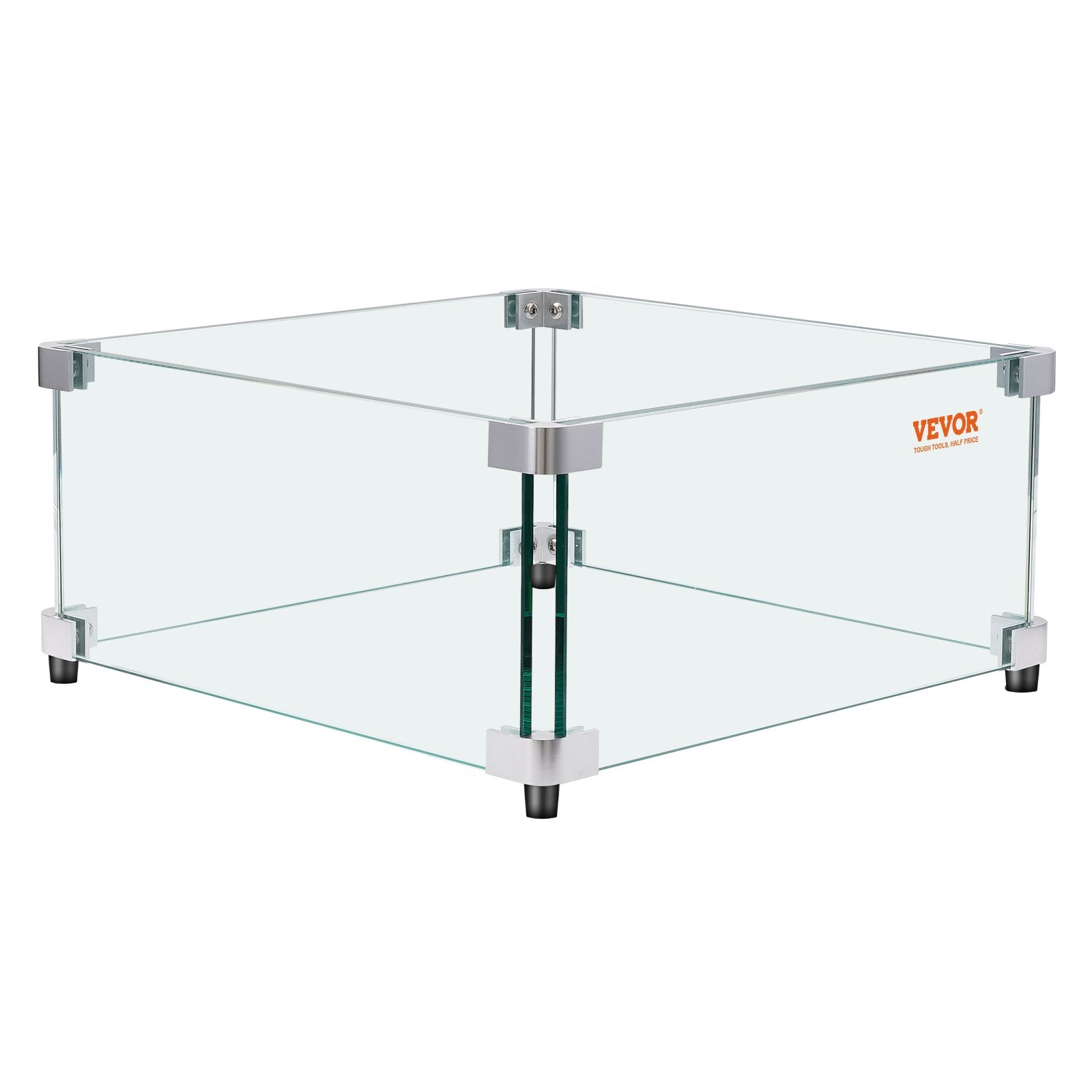 Gas Fire Pit Wind Guard for Square Fire Table, 493 x 493 x 191 mm Clear Tempered Wind Guard for Firepits, 8mm Thick Square Glass Shield, Glass Panel with Hard Corner Bracket & Feet