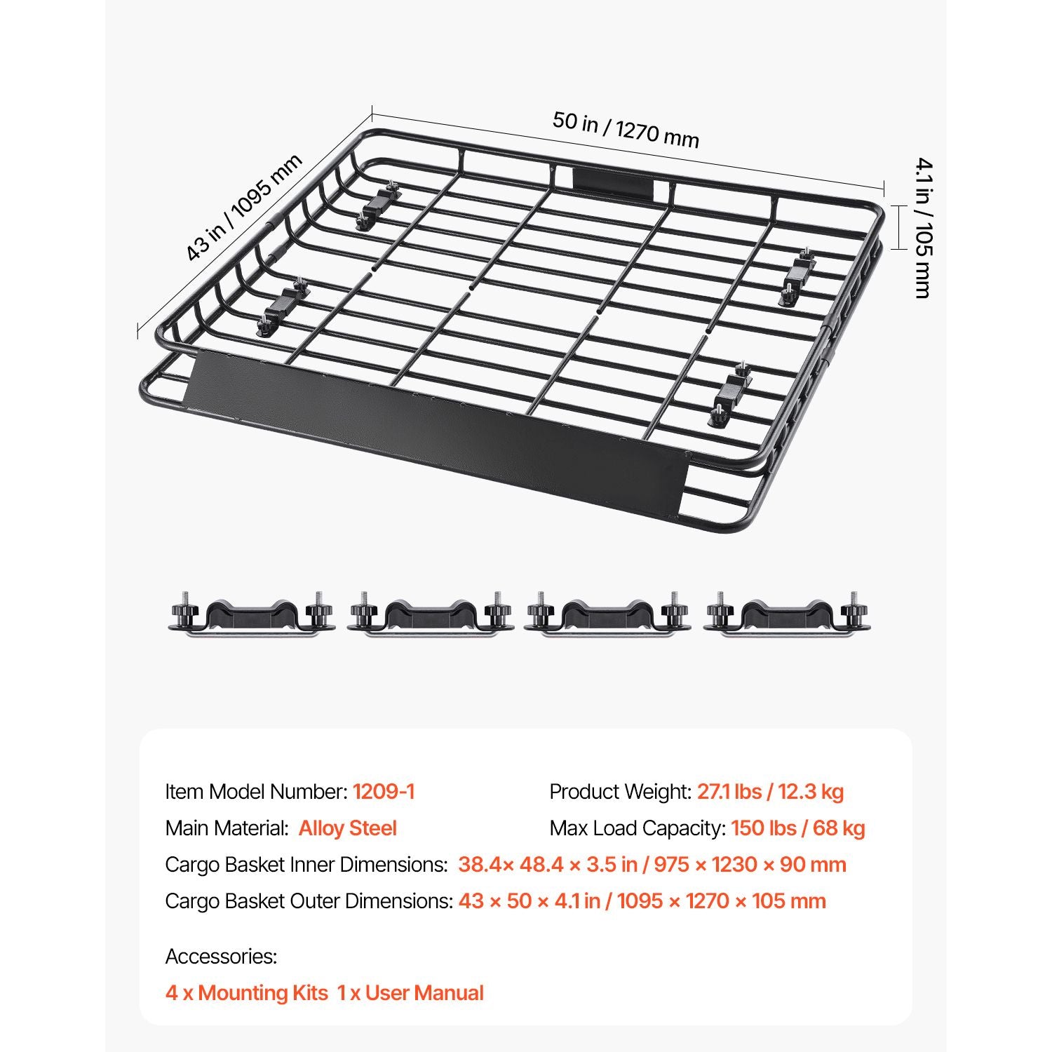 Universal Roof Rack Cargo Carrier Basket 1095x1270mm Alloy Steel SUV