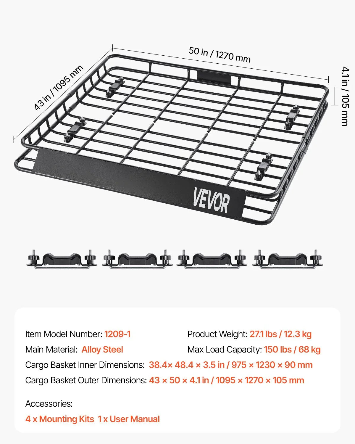 Roof Rack Cargo Carrier, 1095 x 1270 x 105 mm, Universal Rooftop Cargo Basket, Car Top Luggage Holder with 68 kg Max Load Capacity, 4.1 in Fence, Anti-Rust Alloy Steel, Wind Fairing, for SUV Car