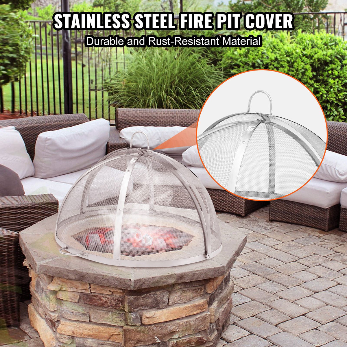 40in Fire Pit Spark Screen Lid Stainless Steel Round Firepit Cover