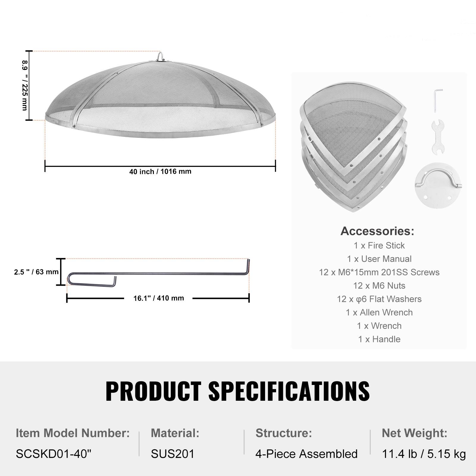 40in Round Fire Pit Spark Screen Heavy Duty Steel Fire Pit Cover Lid