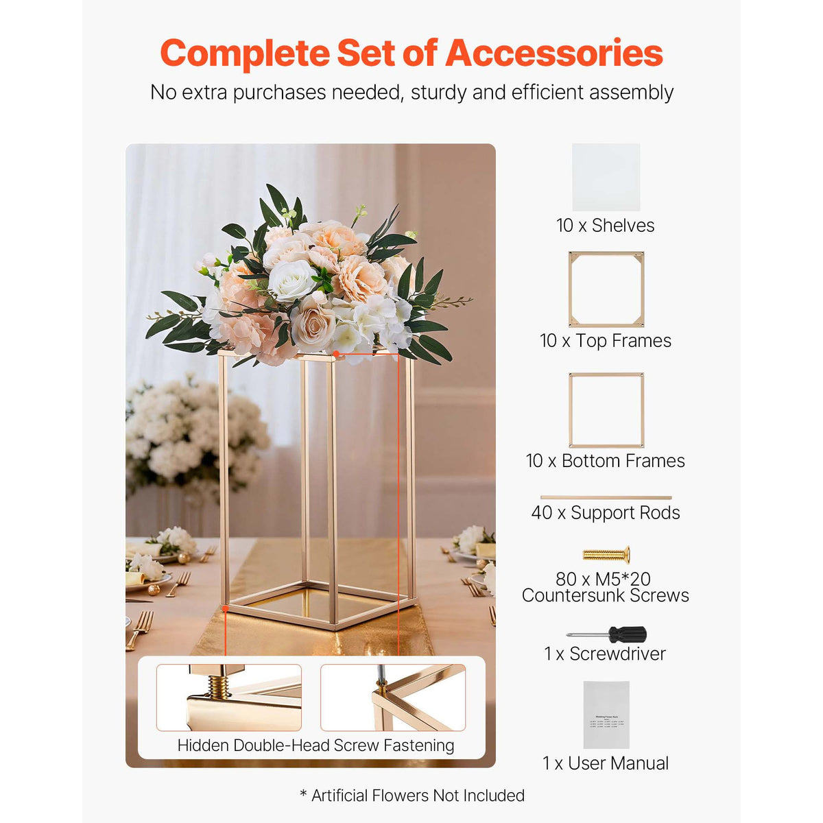 10 Pack 40cm Gold Wedding Flower Stands with Acrylic Shelf Centerpiece