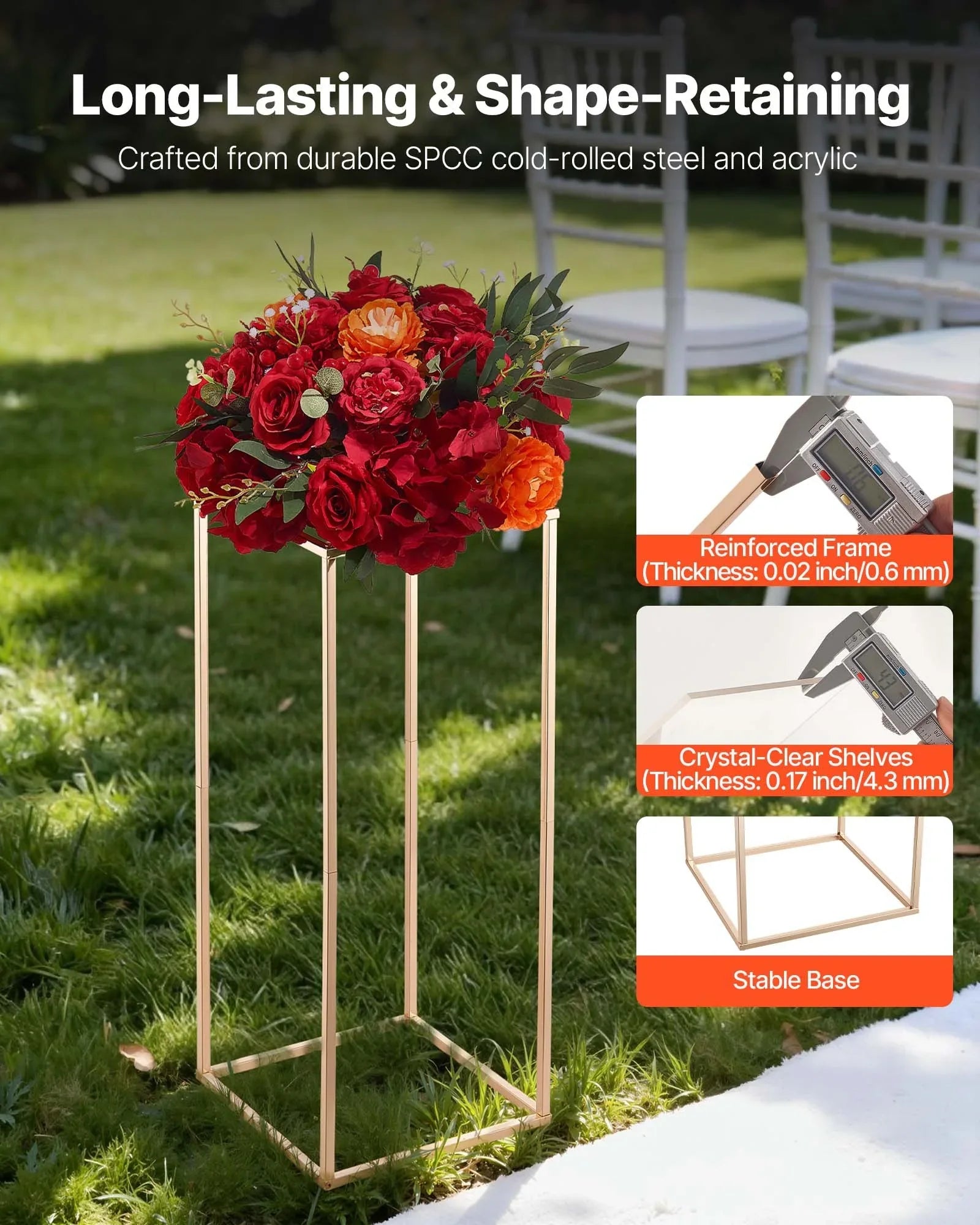 Wedding Flower Stand, 10PCS 60cm Column Flower Stand, Floral Stands with Acrylic Laminate, Gold Rectangular Floral Display Rack for Wedding, Party, Birthday, Home, Gold Centerpiece Stands