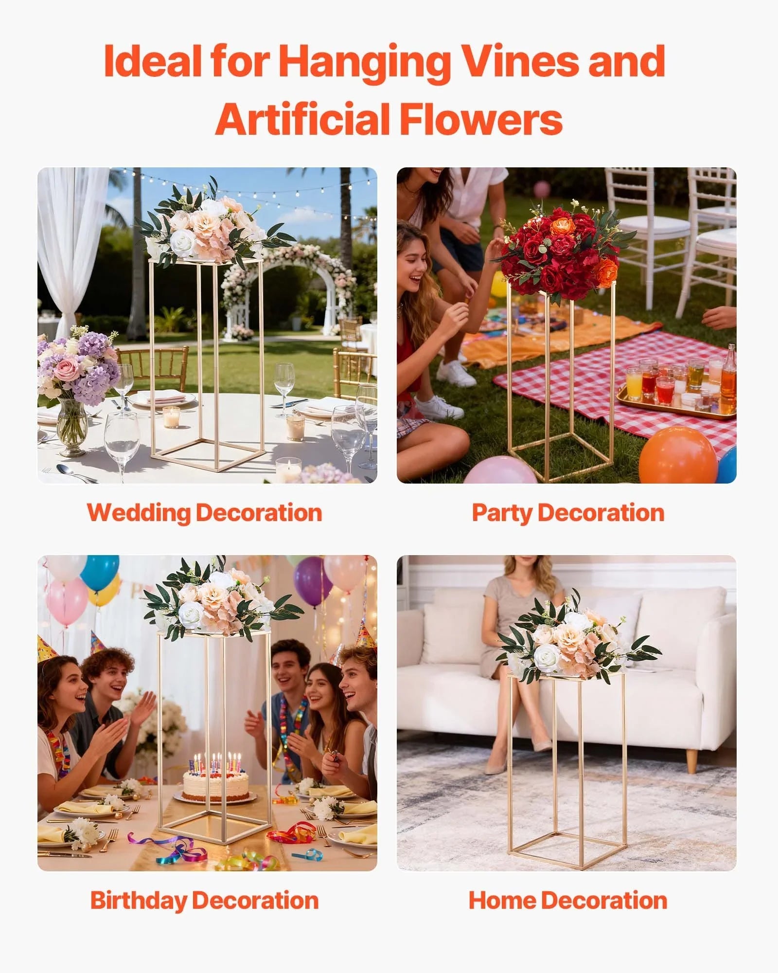 Wedding Flower Stand, 10PCS 60cm Column Flower Stand, Floral Stands with Acrylic Laminate, Gold Rectangular Floral Display Rack for Wedding, Party, Birthday, Home, Gold Centerpiece Stands
