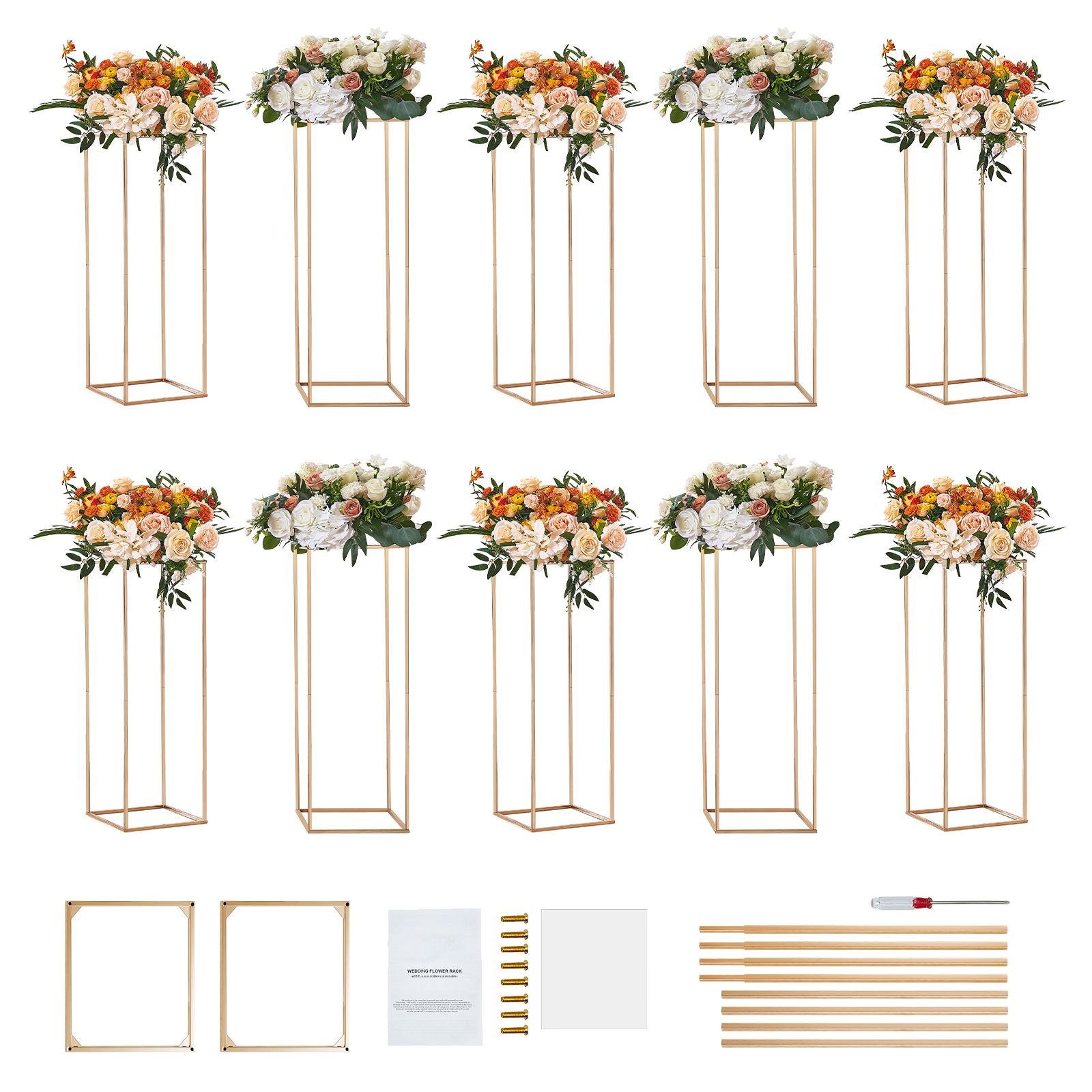 10PCS 31.5inch/80cm High Wedding Flower Stand, With Acrylic Laminate,Metal Vase Column Geometric Centerpiece Stands, Gold Rectangular Floral Display Rack for Events Reception, Party Decoration