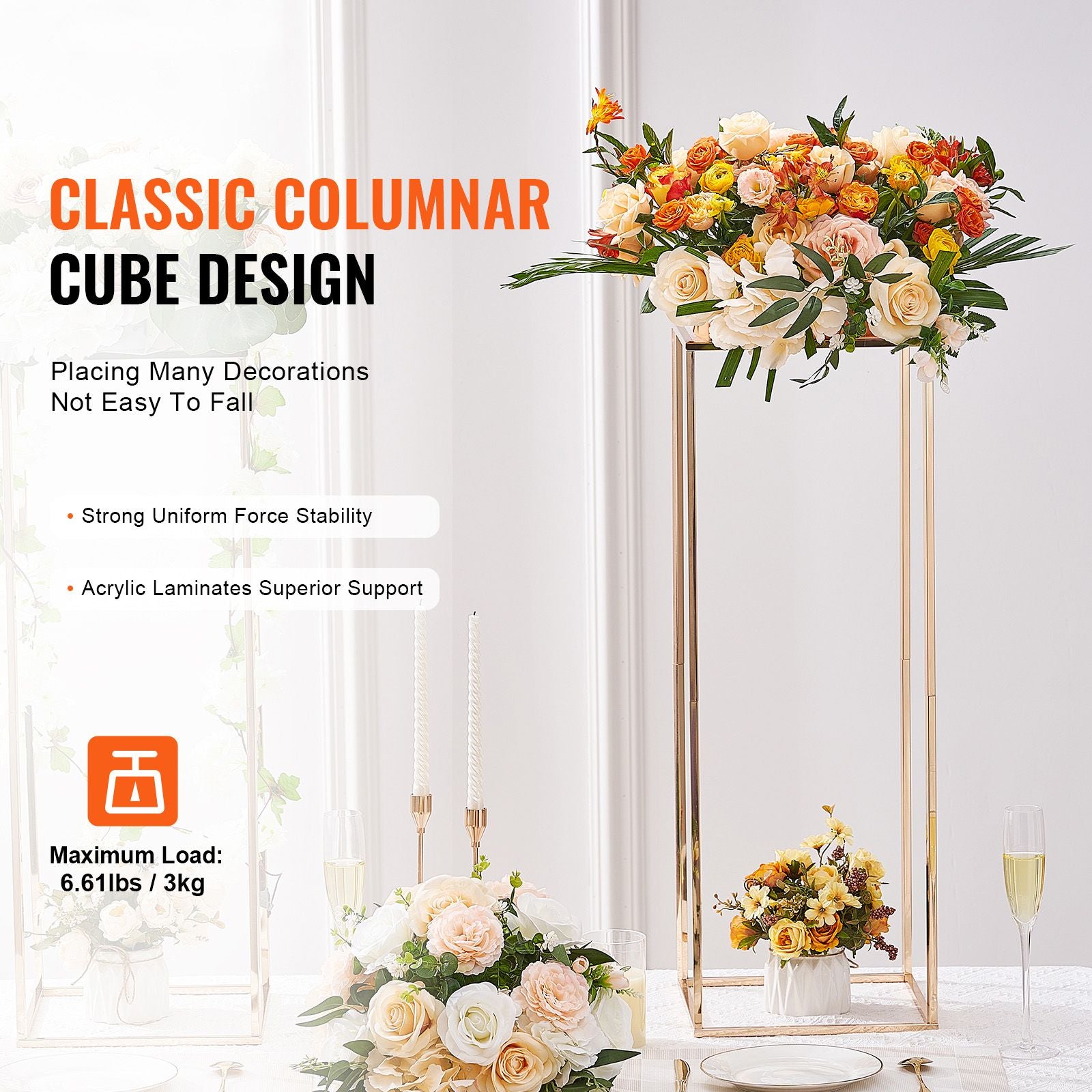 10PCS 31.5inch/80cm High Wedding Flower Stand, With Acrylic Laminate,Metal Vase Column Geometric Centerpiece Stands, Gold Rectangular Floral Display Rack for Events Reception, Party Decoration