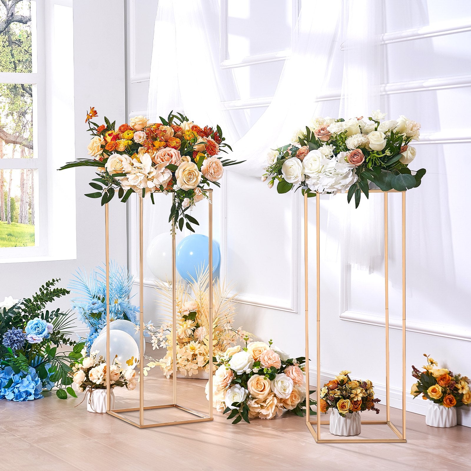 10PCS 31.5inch/80cm High Wedding Flower Stand, With Acrylic Laminate,Metal Vase Column Geometric Centerpiece Stands, Gold Rectangular Floral Display Rack for Events Reception, Party Decoration