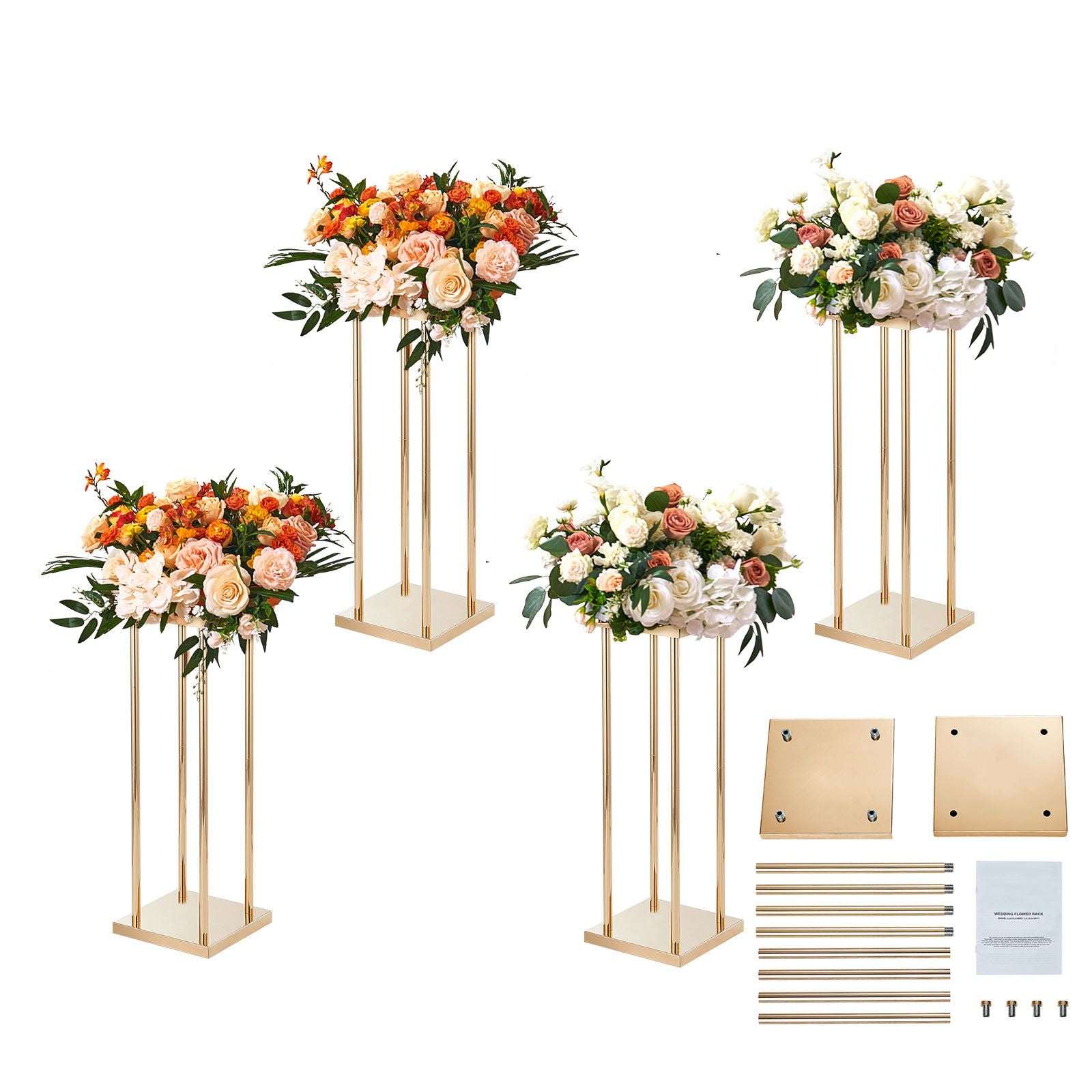 4PCS Gold Metal Column Wedding Flower Stand, 23.6inch /60cm High With Metal Laminate, Vase Geometric Centerpiece Stands, Cylindrical Floral Display Rack for Events Reception, Party Road Leads