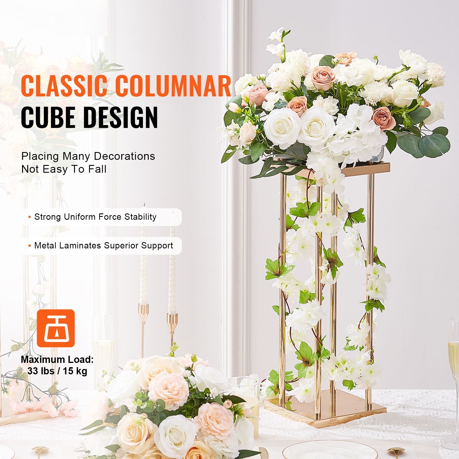 4PCS Gold Metal Column Wedding Flower Stand, 23.6inch /60cm High With Metal Laminate, Vase Geometric Centerpiece Stands, Cylindrical Floral Display Rack for Events Reception, Party Road Leads