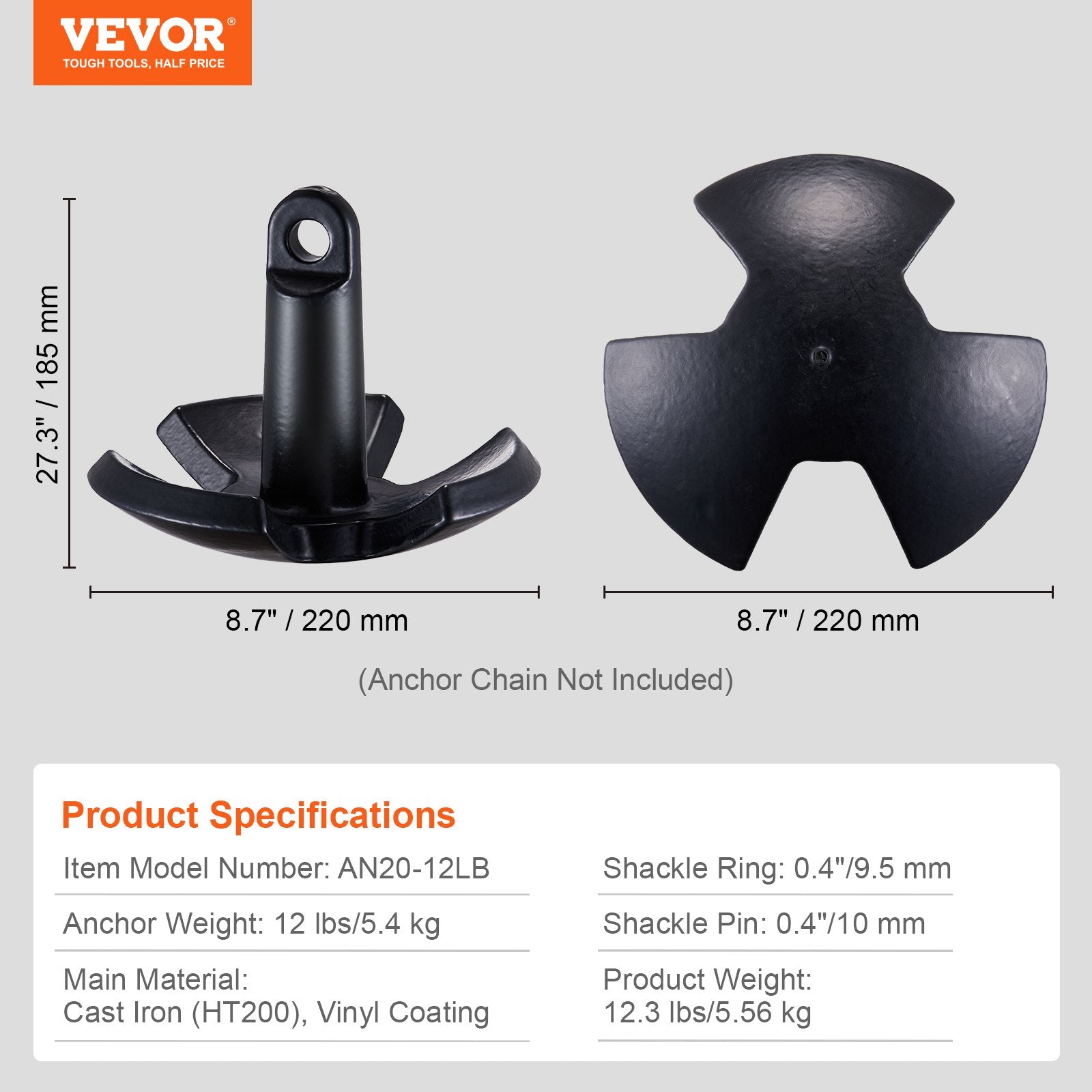 VEVOR River Anchor, 12 LBS Boat Anchor Cast Iron Black Vinyl-Coated with Shackle, Marine Grade Mushroom Anchor for Boats Up To 10 ft, Impressive Holding Power in River and Mud Bottom Lakes