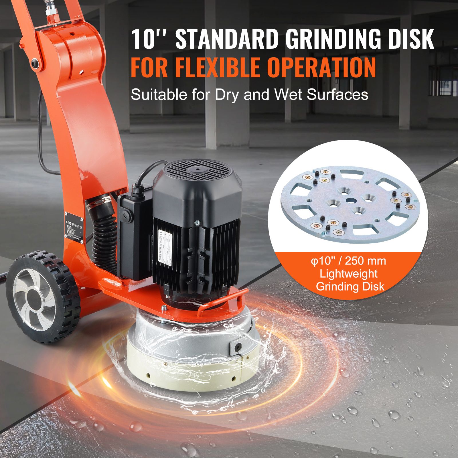 Electric Concrete Floor Grinder 10" Walk-Behind Grinder 3.0HP Concrete Floor Polisher, 2200W Grinding Machine, 1430RPM Upgrade Brushless Motor Surfacing Grinder for Granite/Marble/Stones