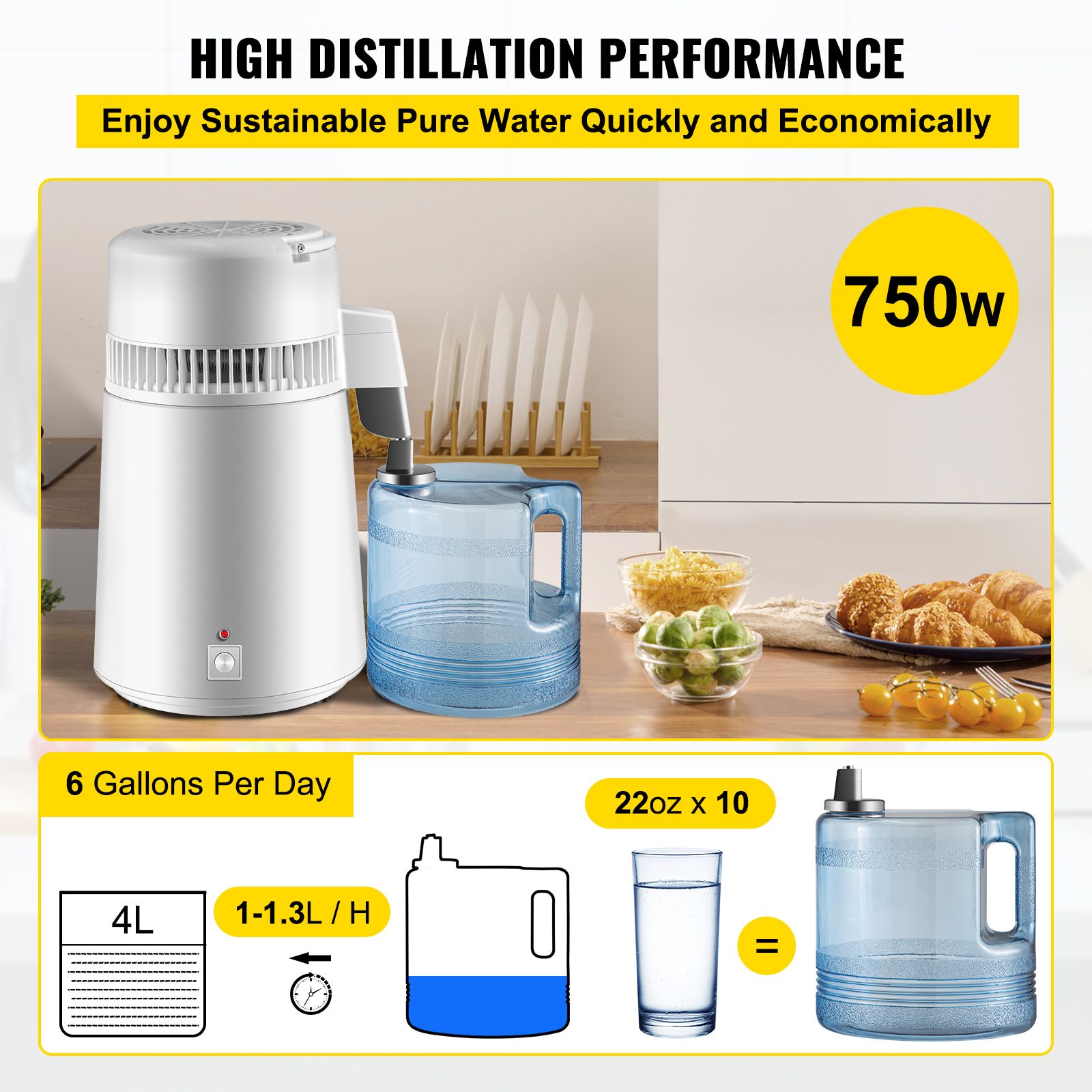 Water Distiller Purifier Pure Water Distiller Filters Water Distillation 4L Internal Stainless Steel with Collection Bottle