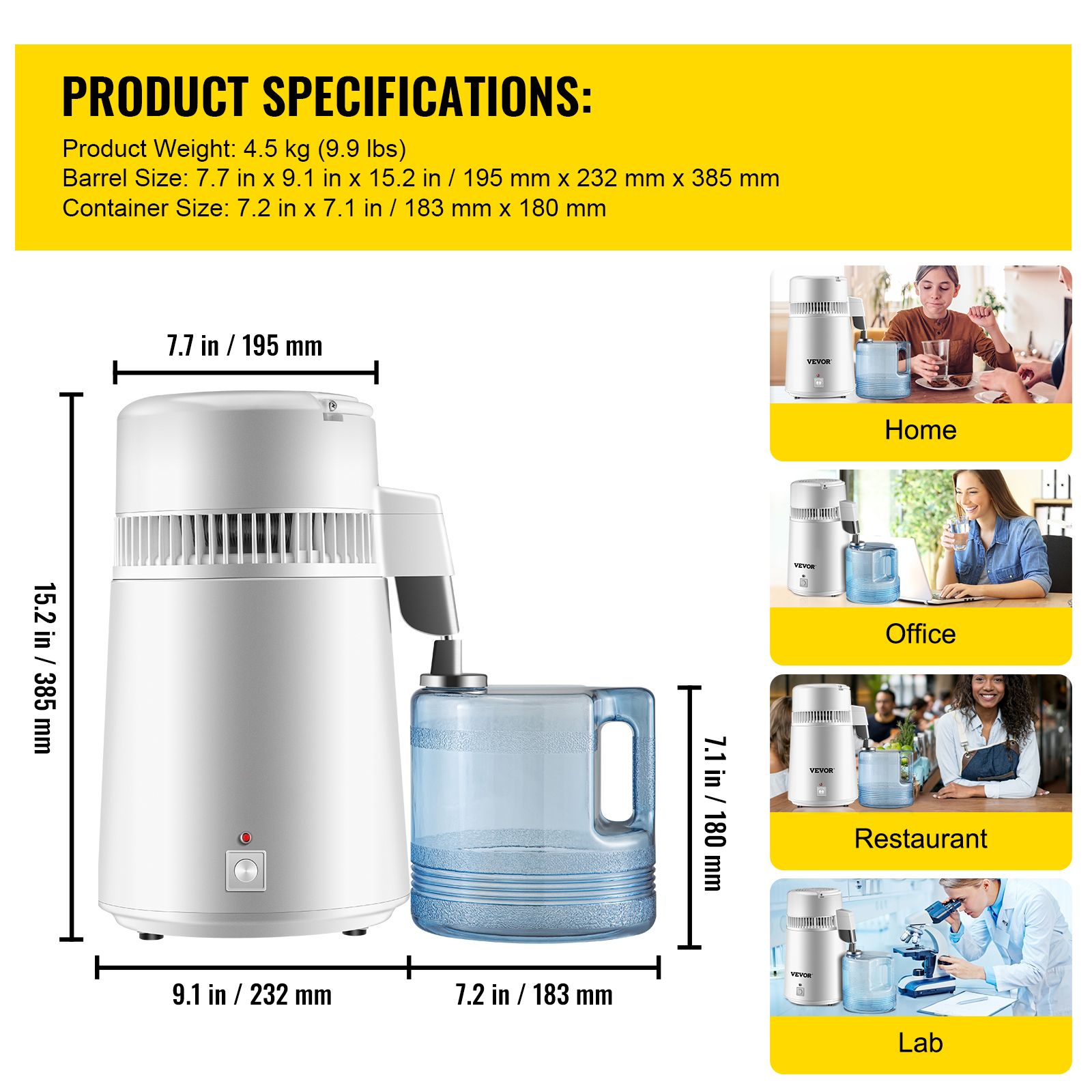 Water Distiller Purifier Pure Water Distiller Filters Water Distillation 4L Internal Stainless Steel with Collection Bottle