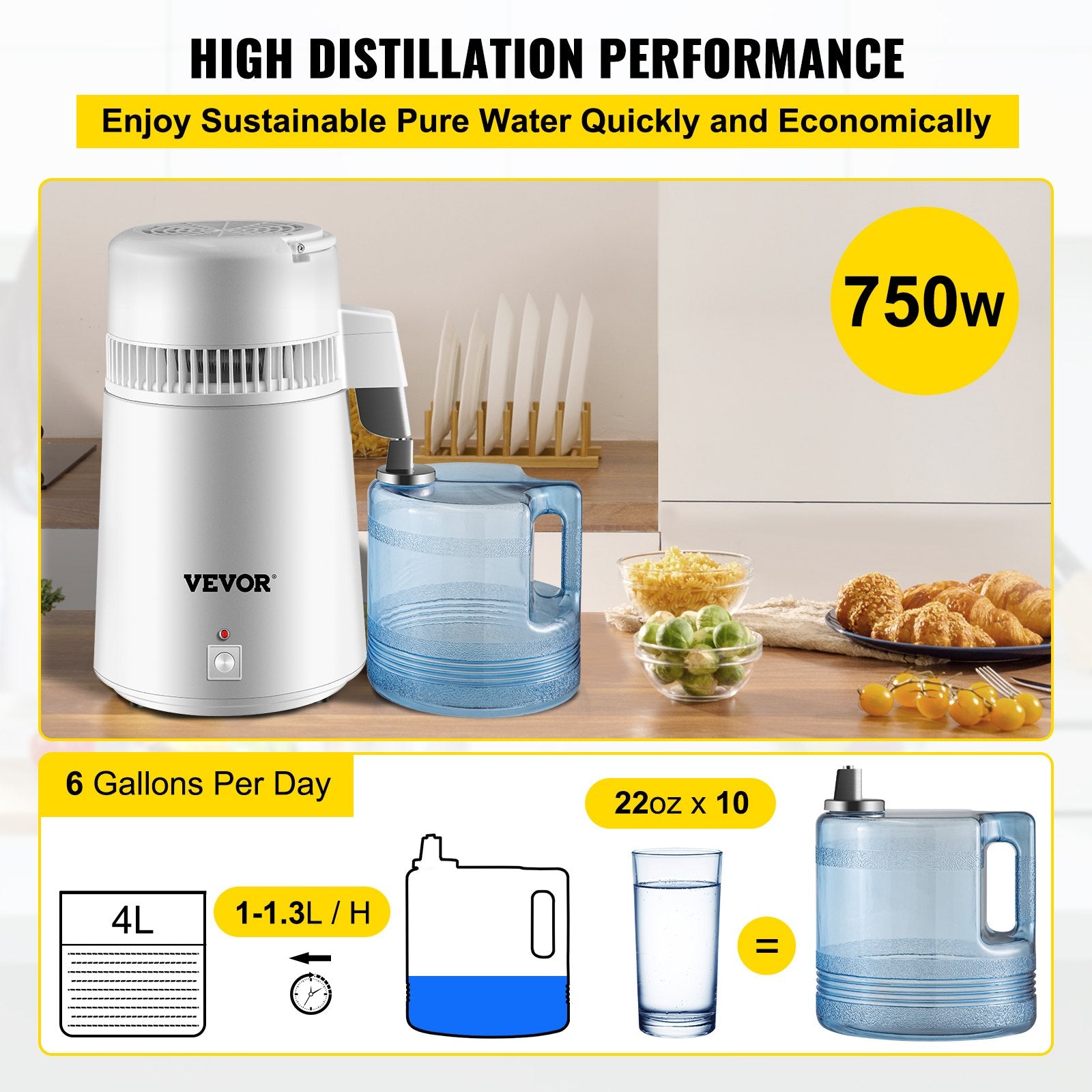 Water Distiller Purifier Pure Water Distiller Filters Water Distillation 4L Internal Stainless Steel with Collection Bottle