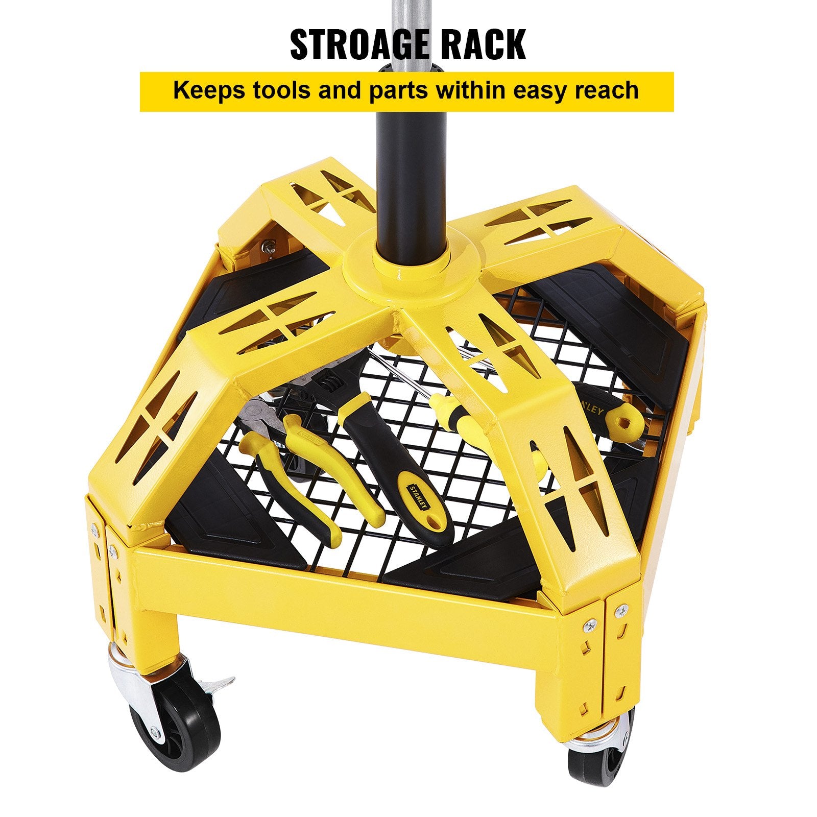 Rolling Garage Stool, 300LBS Capacity, Adjustable Height from 24 in to 28.7 in, Mechanic Seat with 360-degree Swivel Wheels and Tool Tray, for Workshop, Auto Repair Shop, Yellow