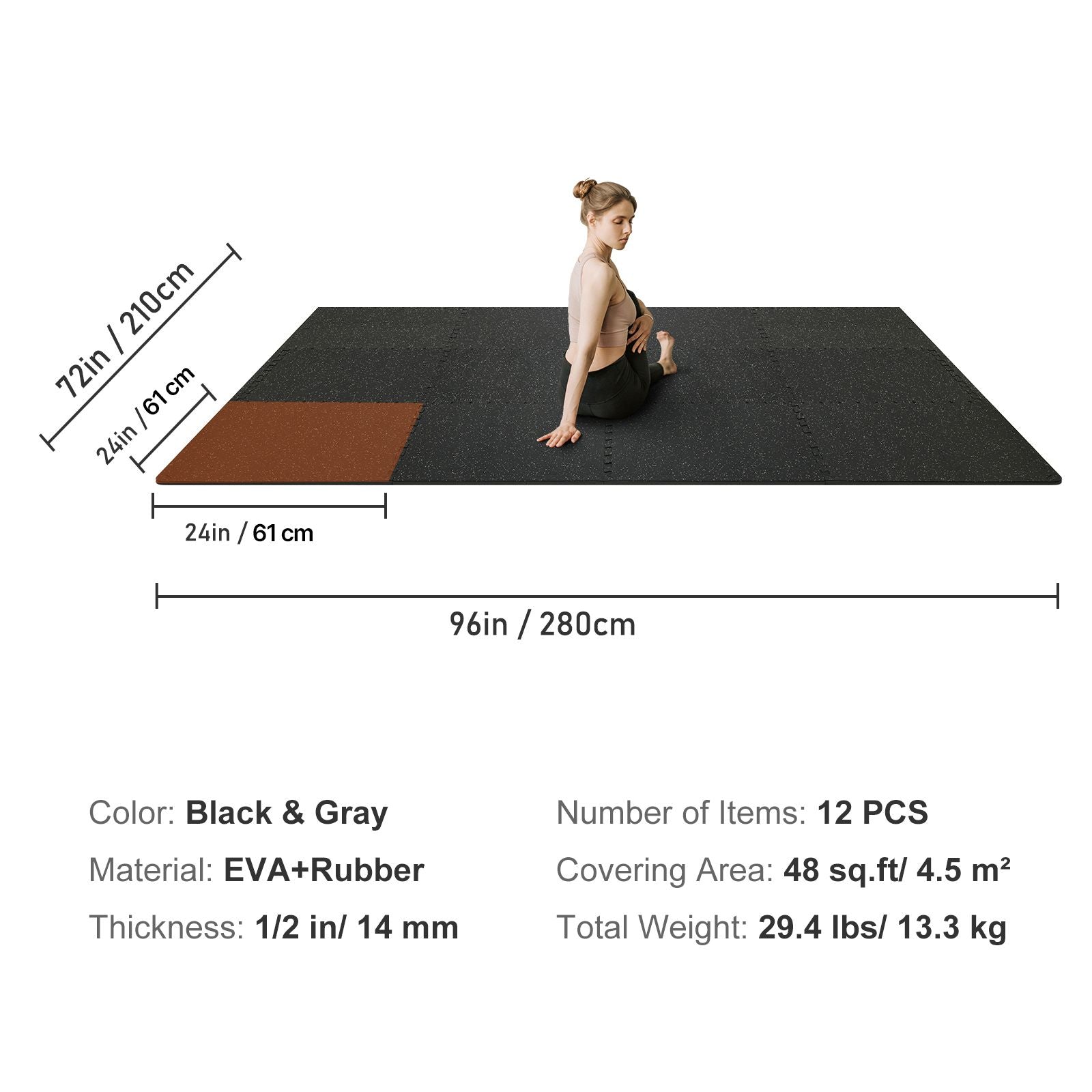 12 PCS 14 mm Thick Gym Floor Mats, 24