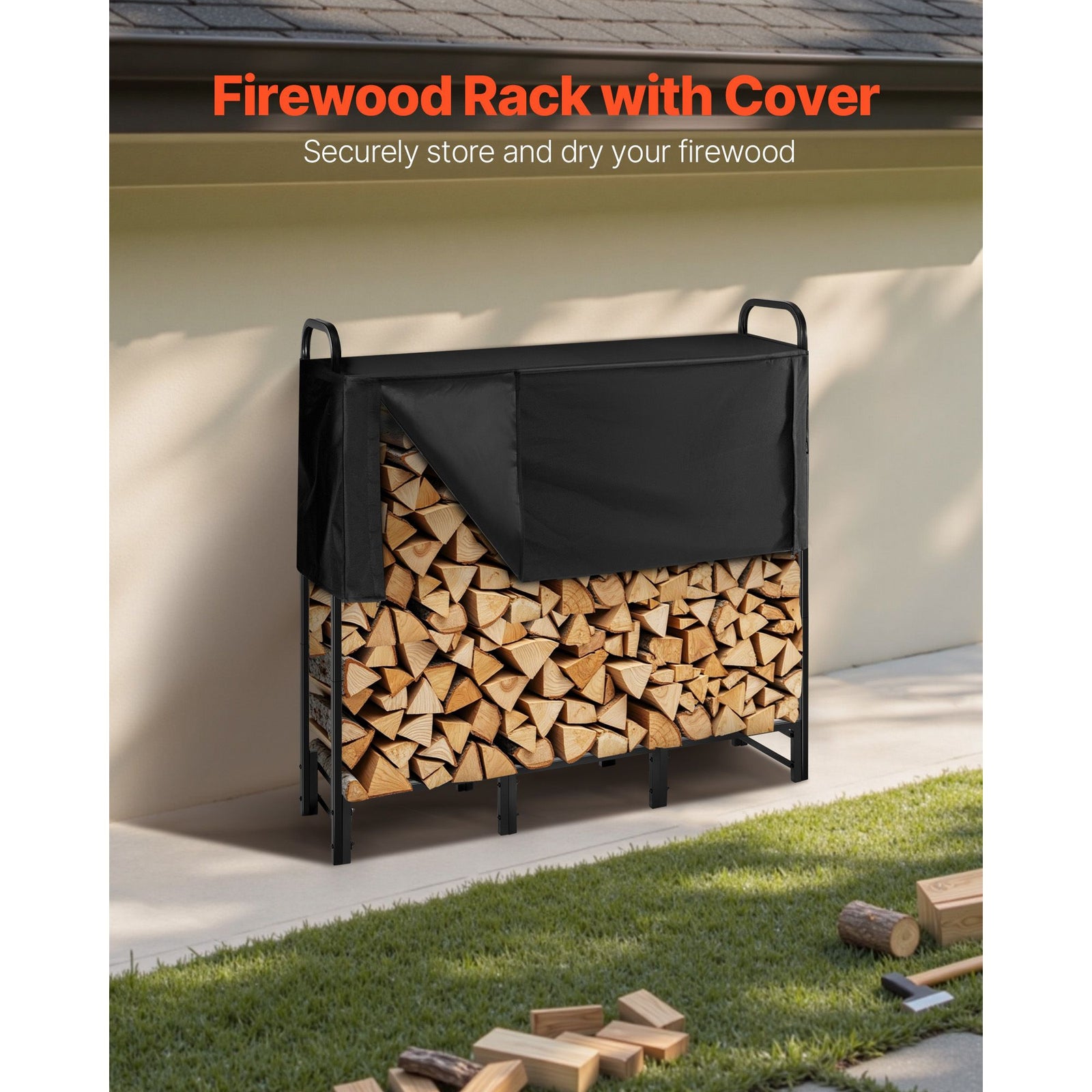 Firewood Rack with Waterproof Cover, 1.22m Outdoor Firewood Holder, 1/4 Cord Storage Metal Log Holder, 400lb Max Weight Capacity, Top Covered, Powder-Coated Wood Storage Rack for Fireplace Deck