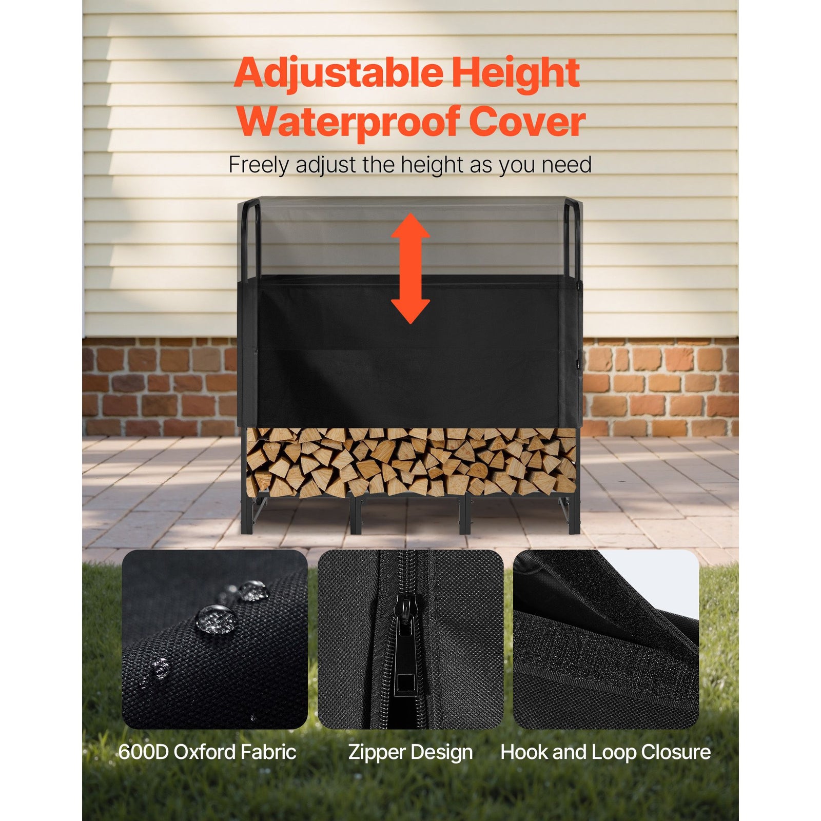 Firewood Rack with Waterproof Cover, 1.22m Outdoor Firewood Holder, 1/4 Cord Storage Metal Log Holder, 400lb Max Weight Capacity, Top Covered, Powder-Coated Wood Storage Rack for Fireplace Deck