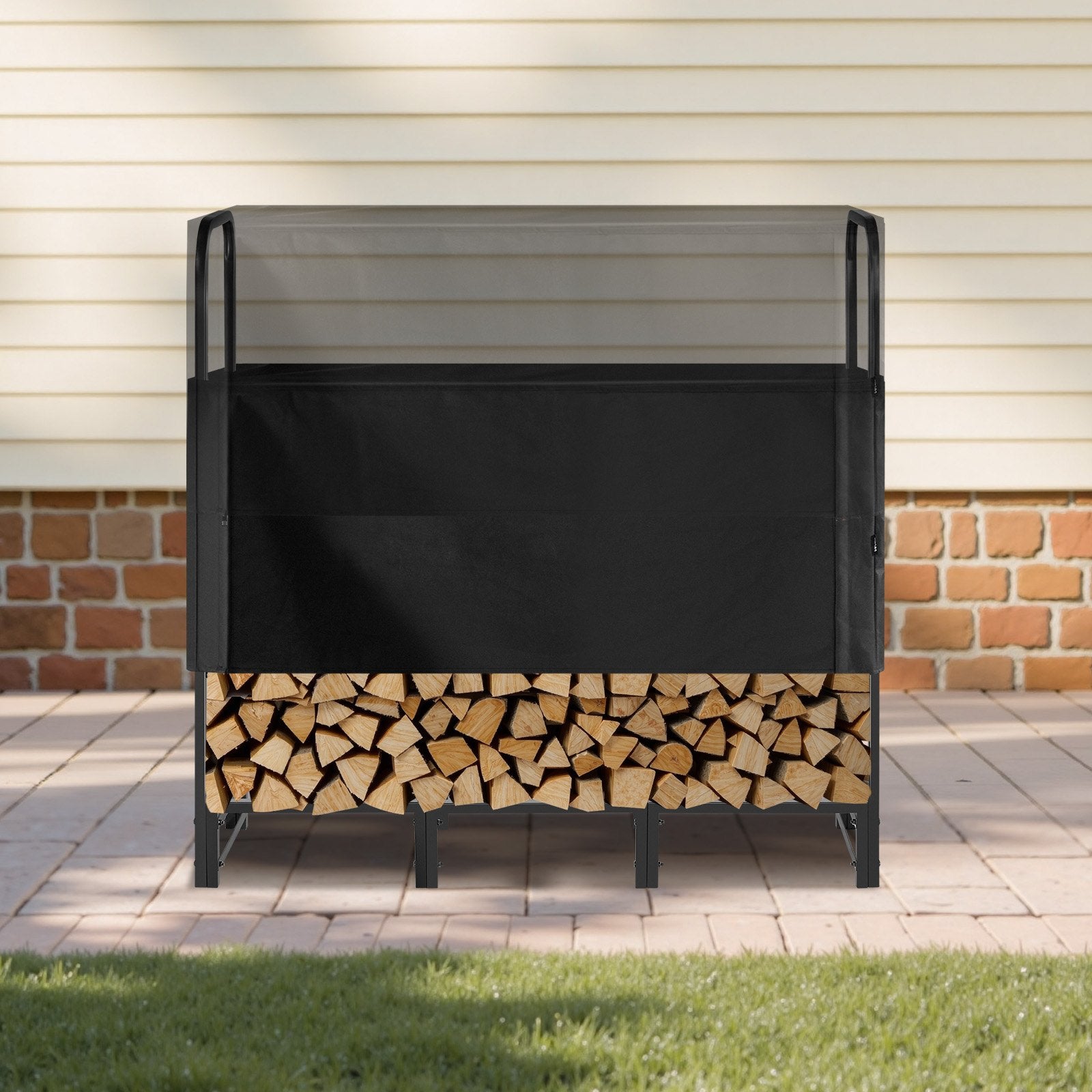 Firewood Rack with Waterproof Cover, 1.22m Outdoor Firewood Holder, 1/4 Cord Storage Metal Log Holder, 400lb Max Weight Capacity, Top Covered, Powder-Coated Wood Storage Rack for Fireplace Deck
