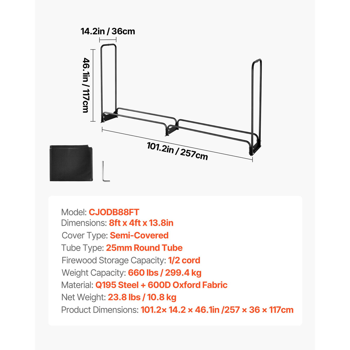 Firewood Rack with Waterproof Cover, 2.57m Outdoor Firewood Holder, 1/2 Cord Storage Metal Log Holder, 299kg Max Weight Capacity, Top Covered, Powder-Coated Wood Storage Rack for Fireplace Deck